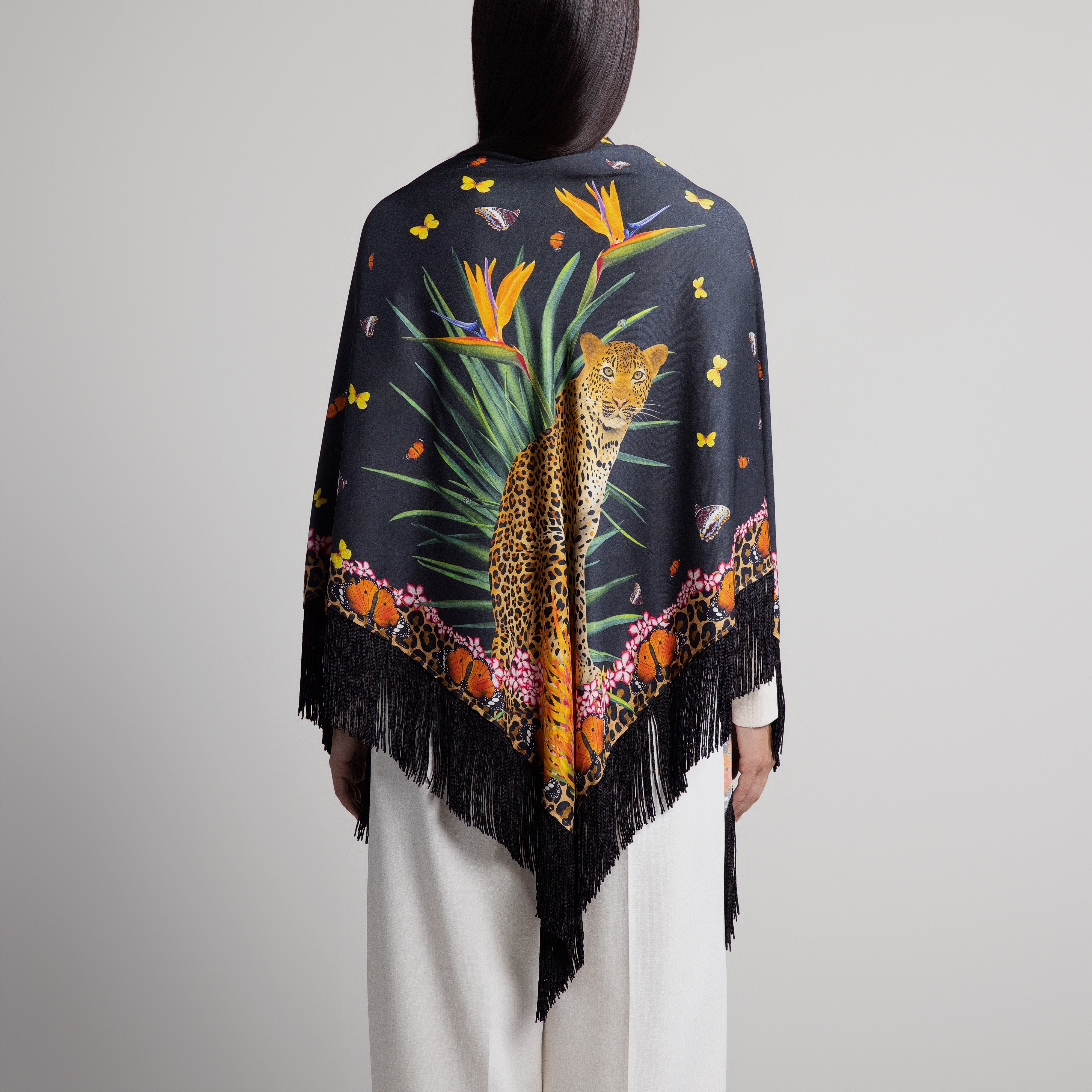 Safari Leopard & Butterly Silk Shawl in Black