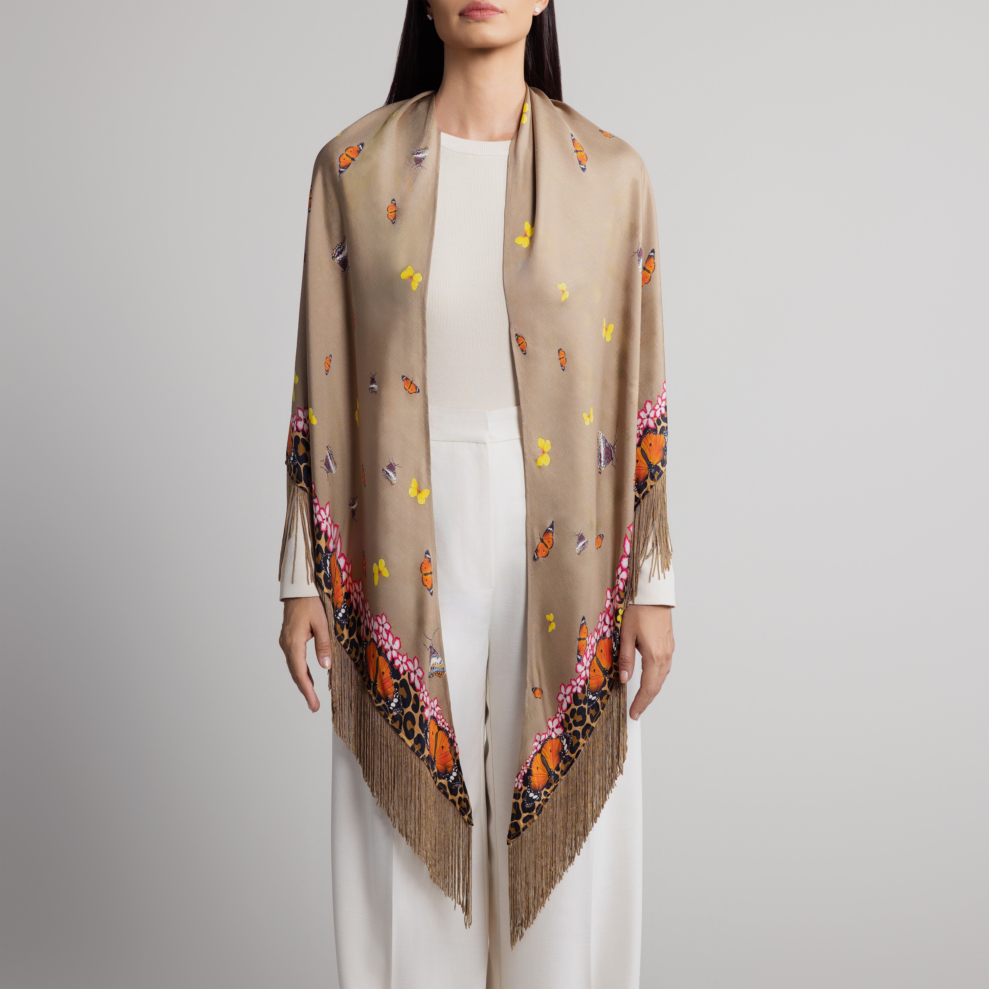 Safari Leopard & Butterly Silk Shawl in Tan