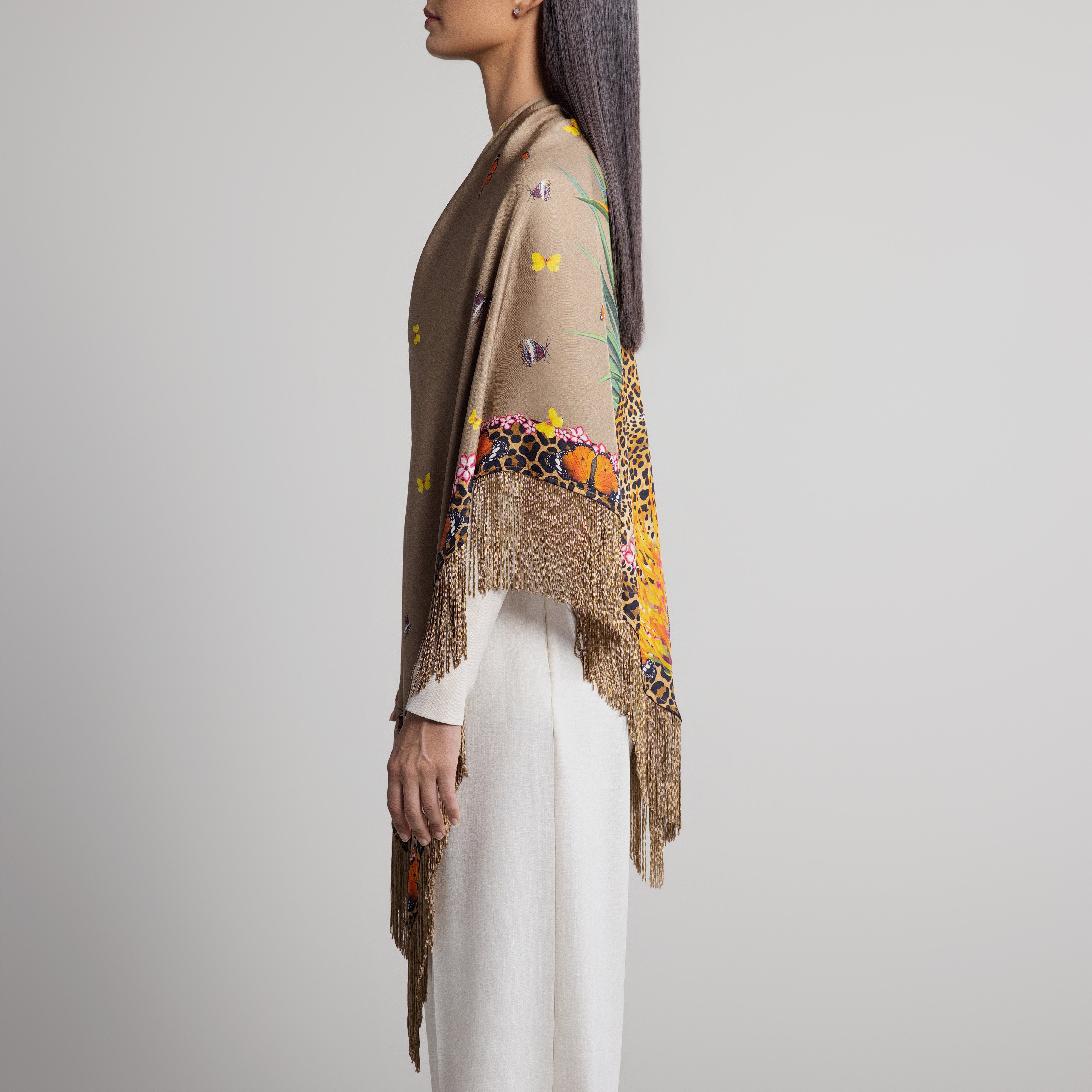 Safari Leopard & Butterly Silk Shawl in Tan