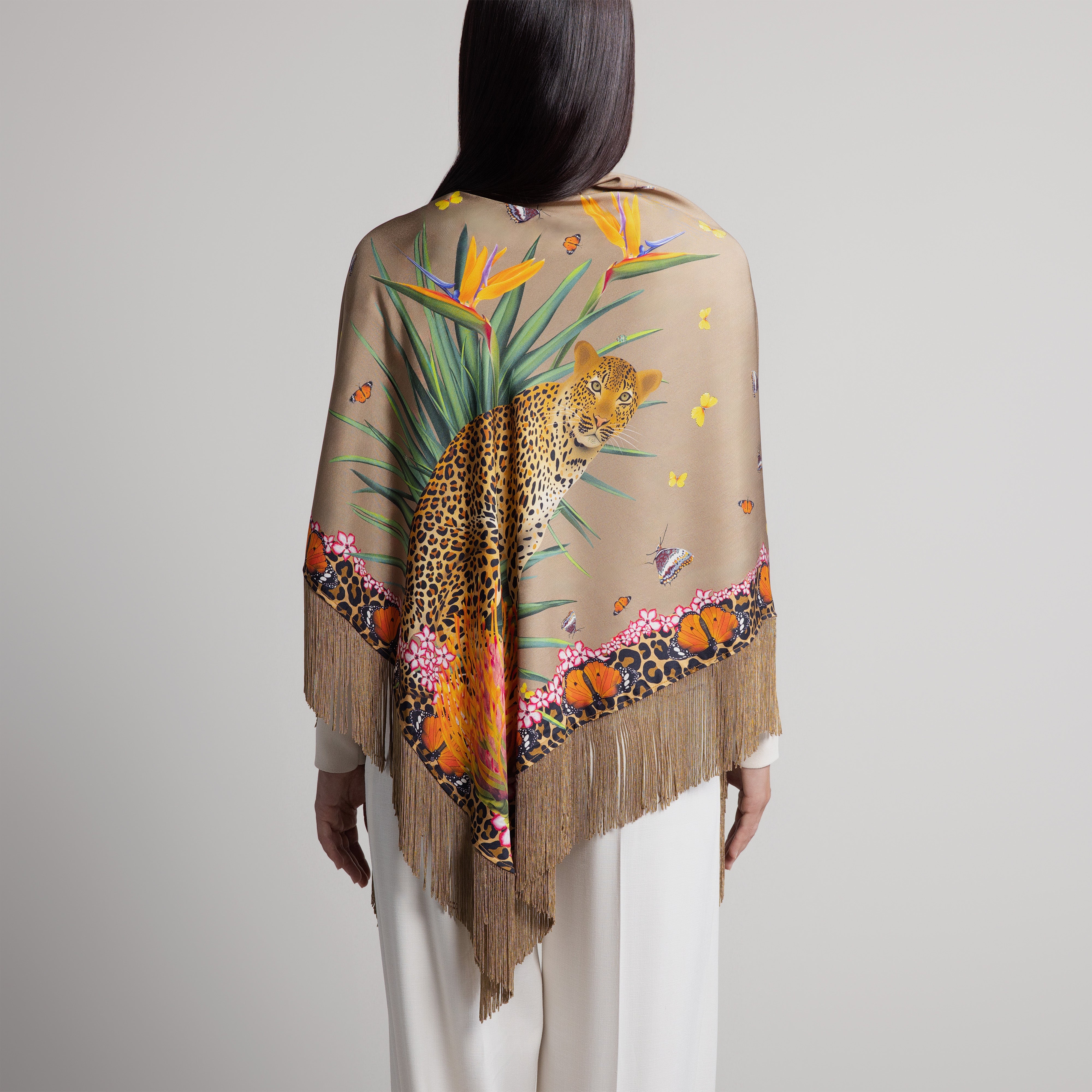 Safari Leopard & Butterly Silk Shawl in Tan