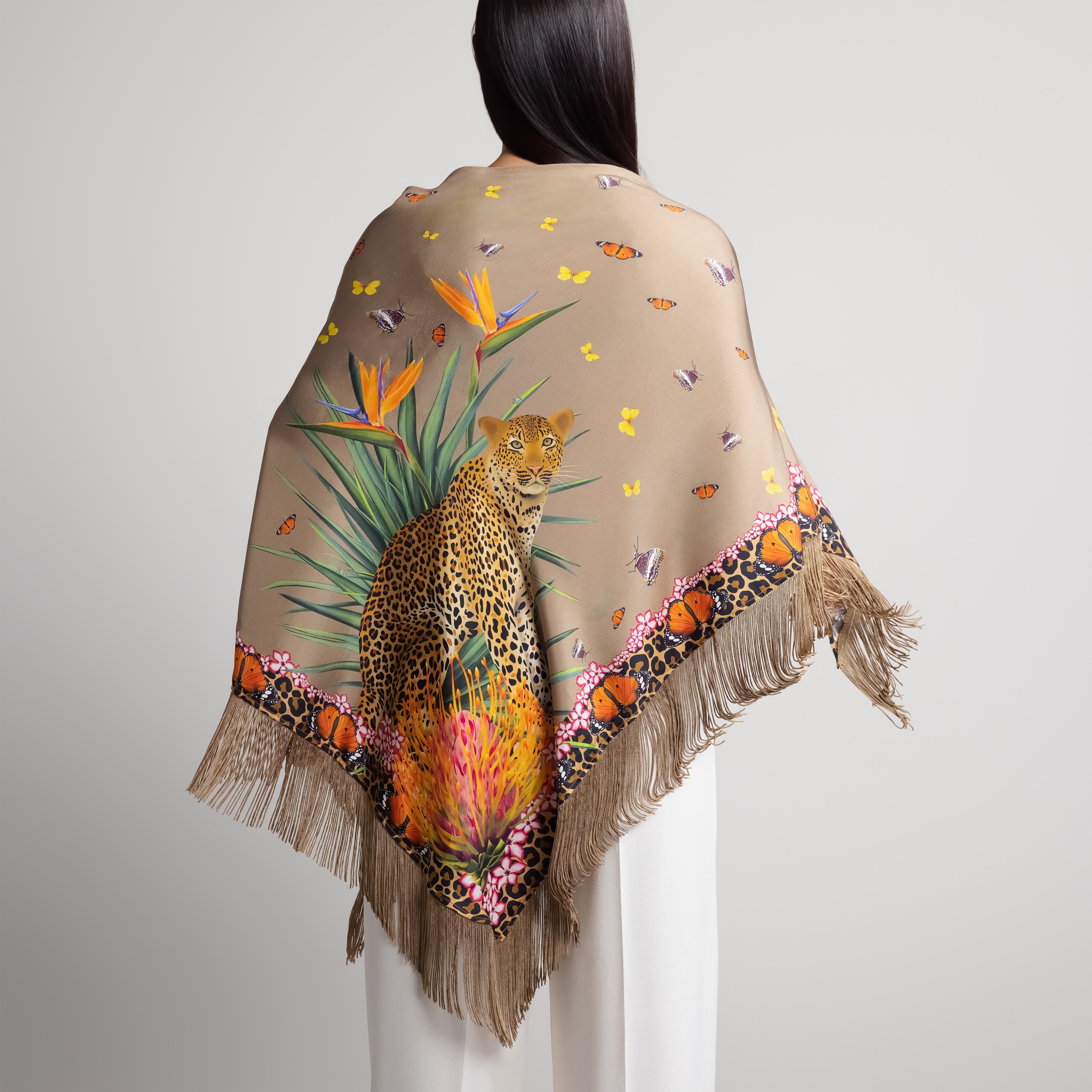 Safari Leopard & Butterly Silk Shawl in Tan