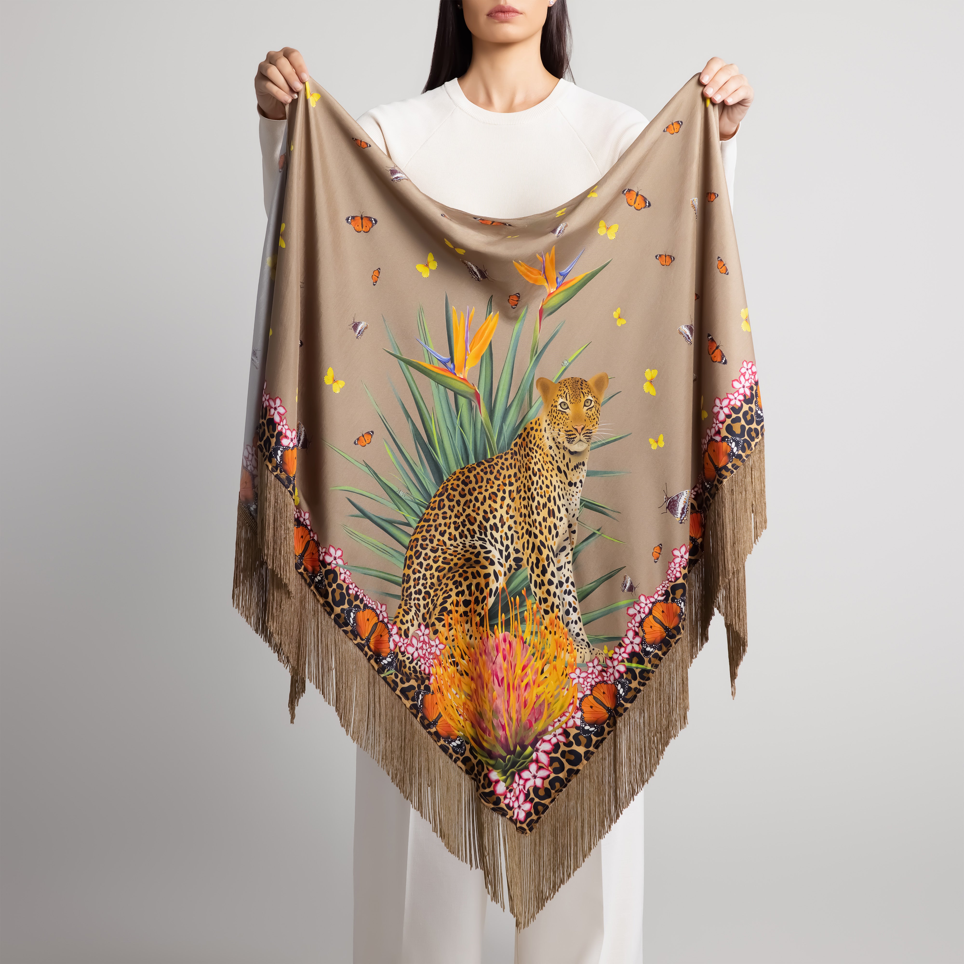 Safari Leopard & Butterly Silk Shawl in Tan