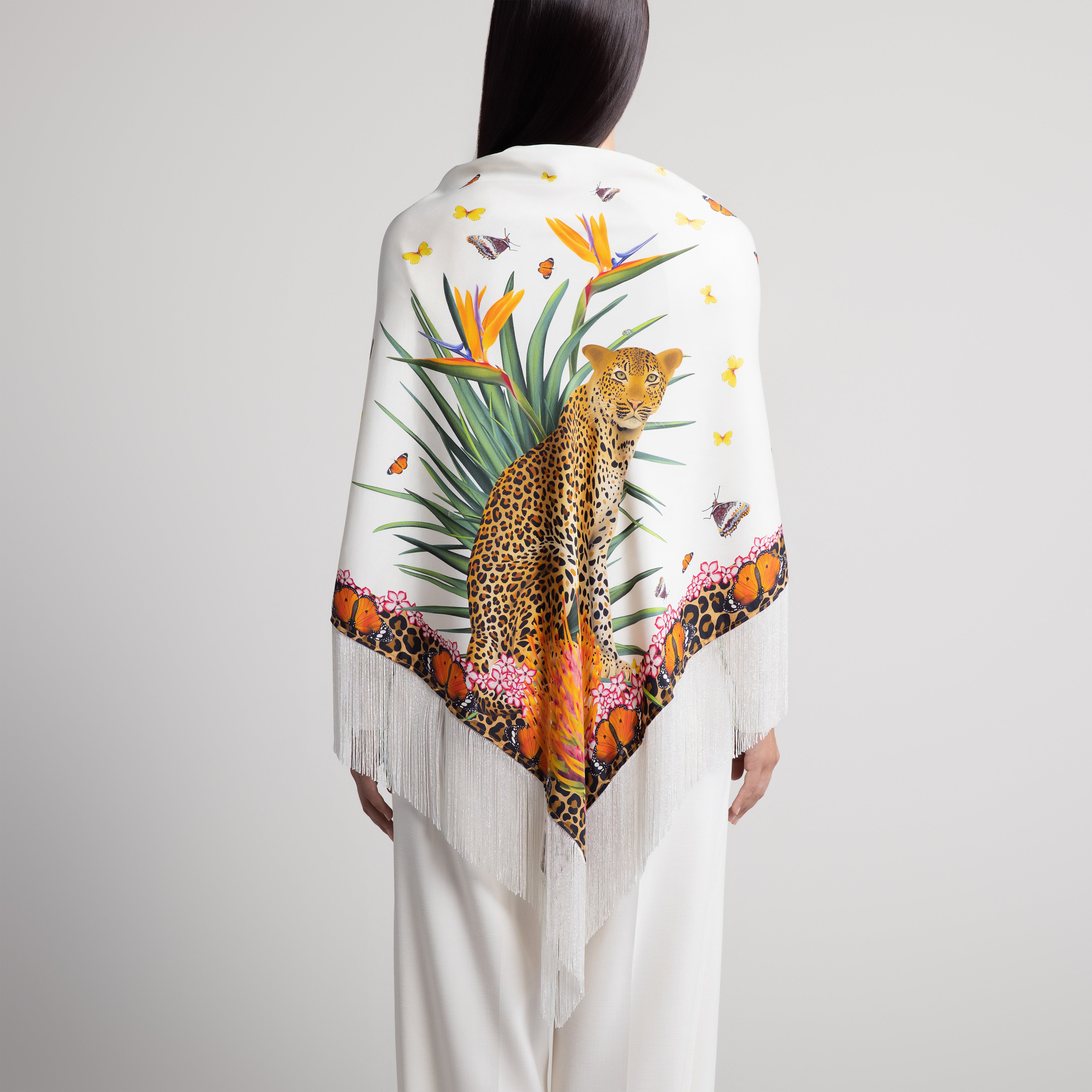 Safari Leopard & Butterly Silk Shawl in White