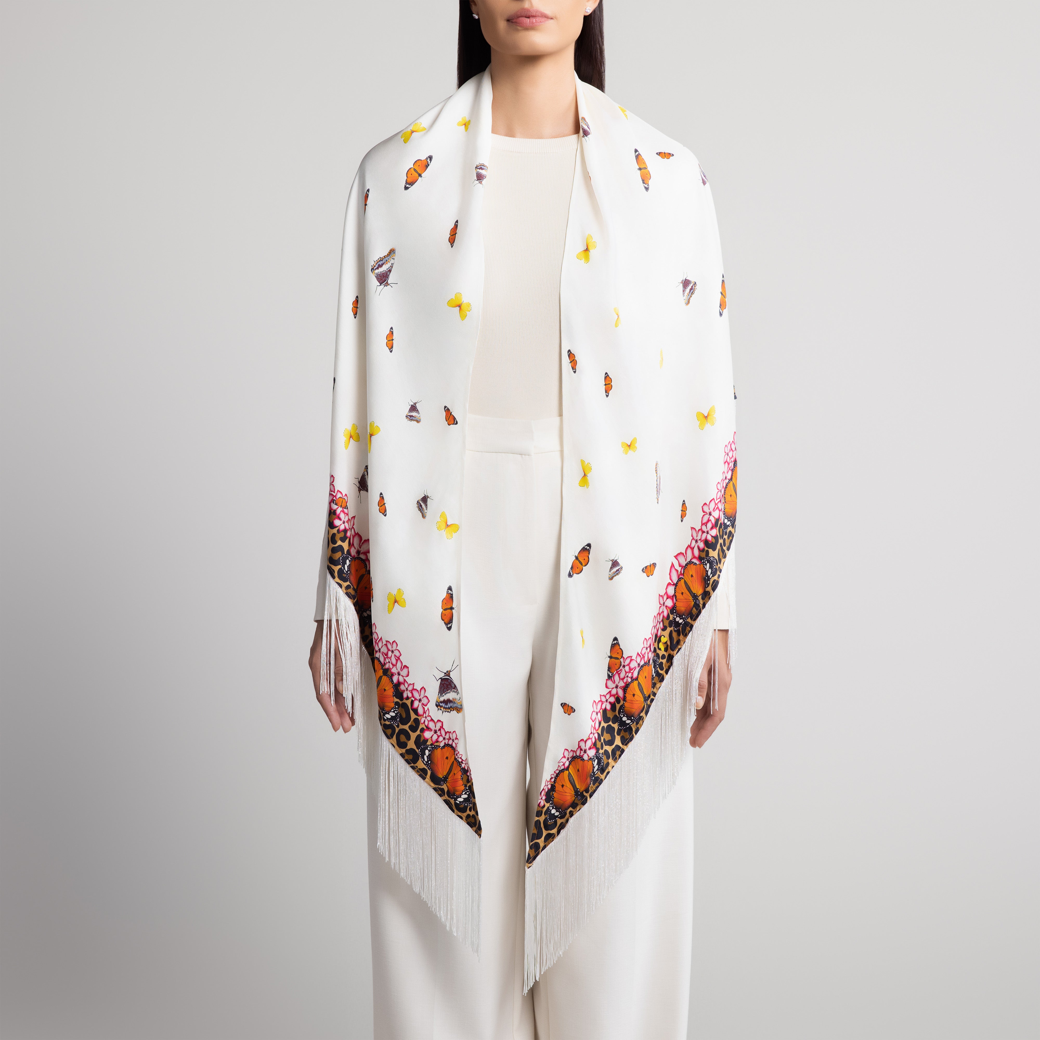 Safari Leopard & Butterly Silk Shawl in White