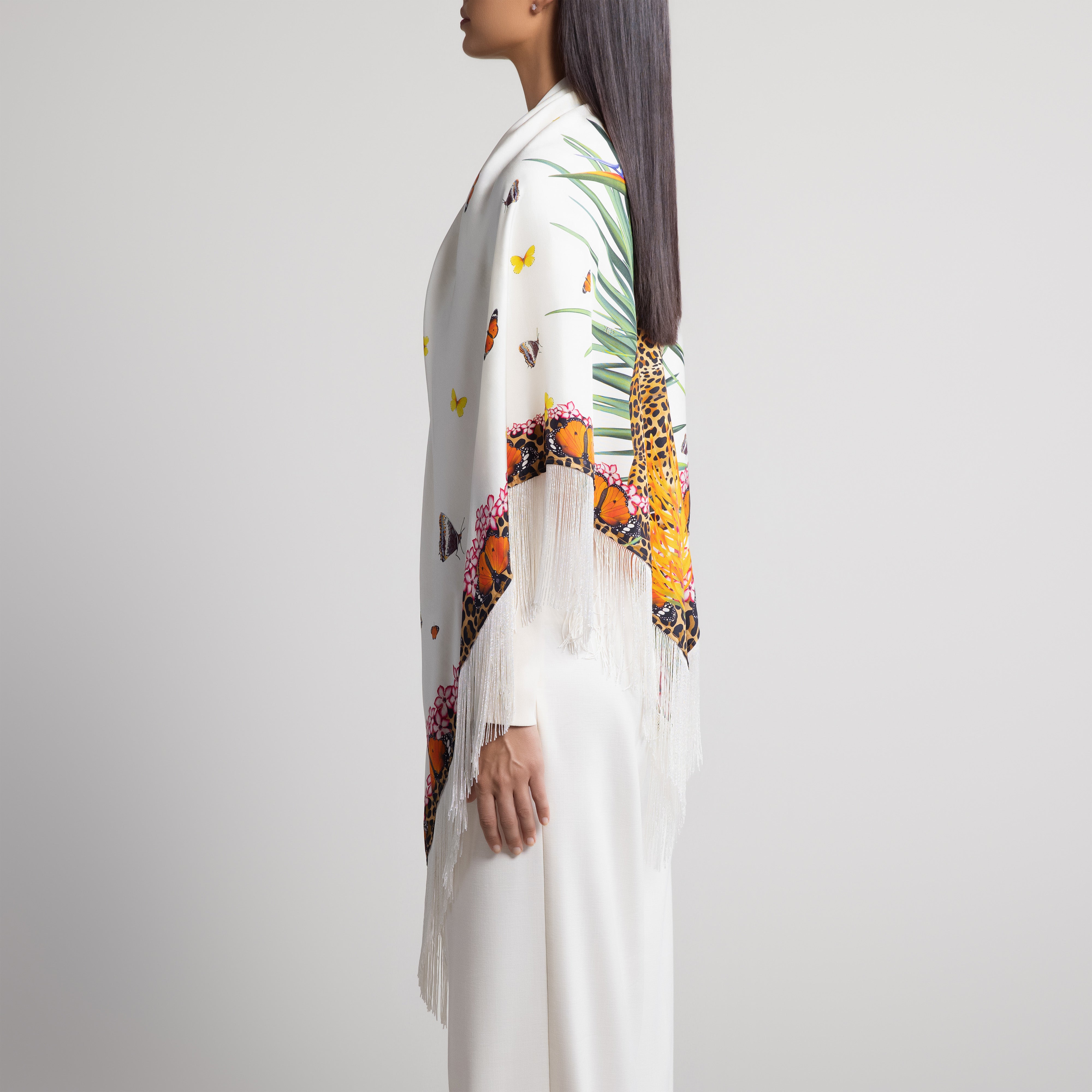 Safari Leopard & Butterly Silk Shawl in White
