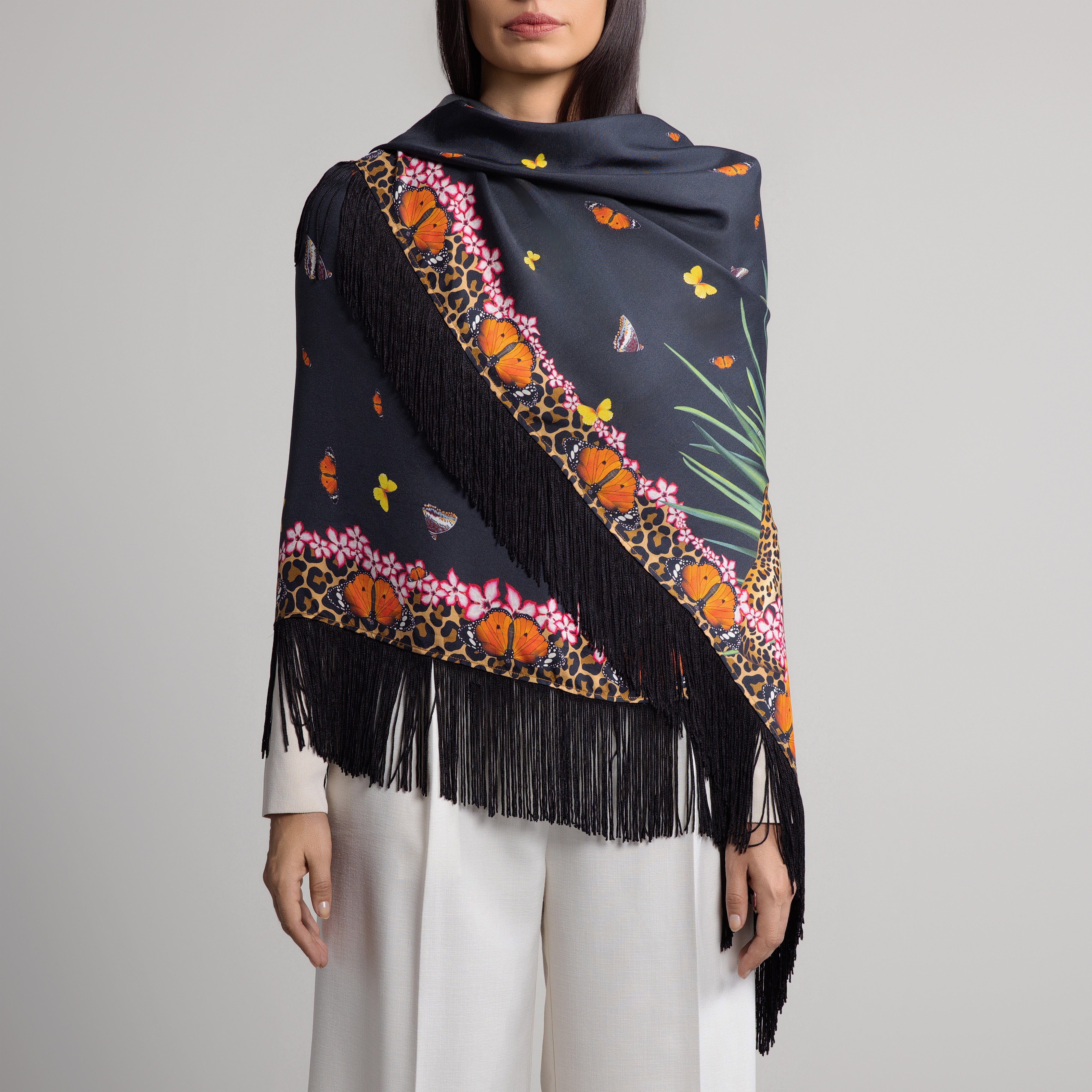 Safari Leopard & Butterly Silk Shawl in Black