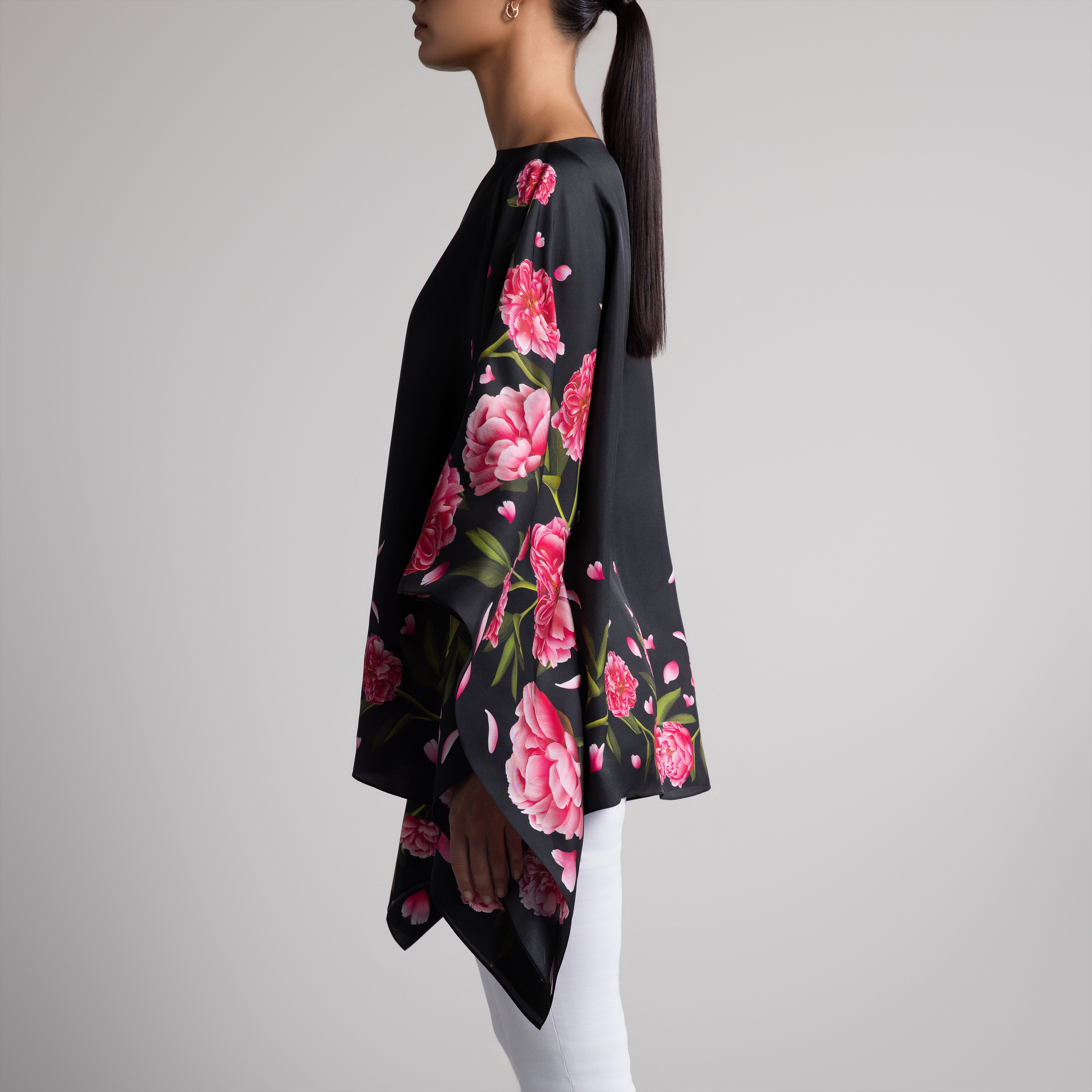 Peony Silk Poncho in Black
