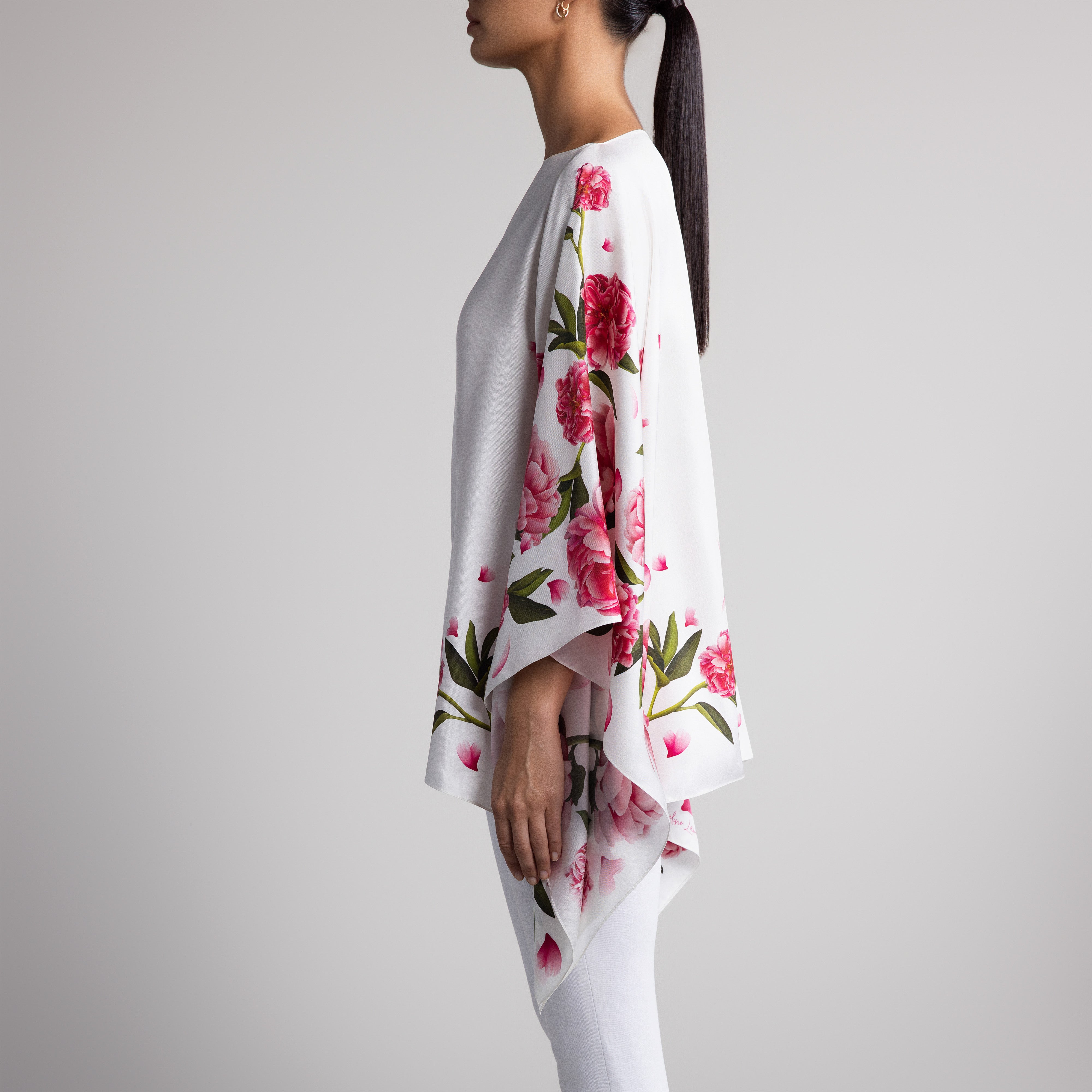 Peony Silk Poncho in White