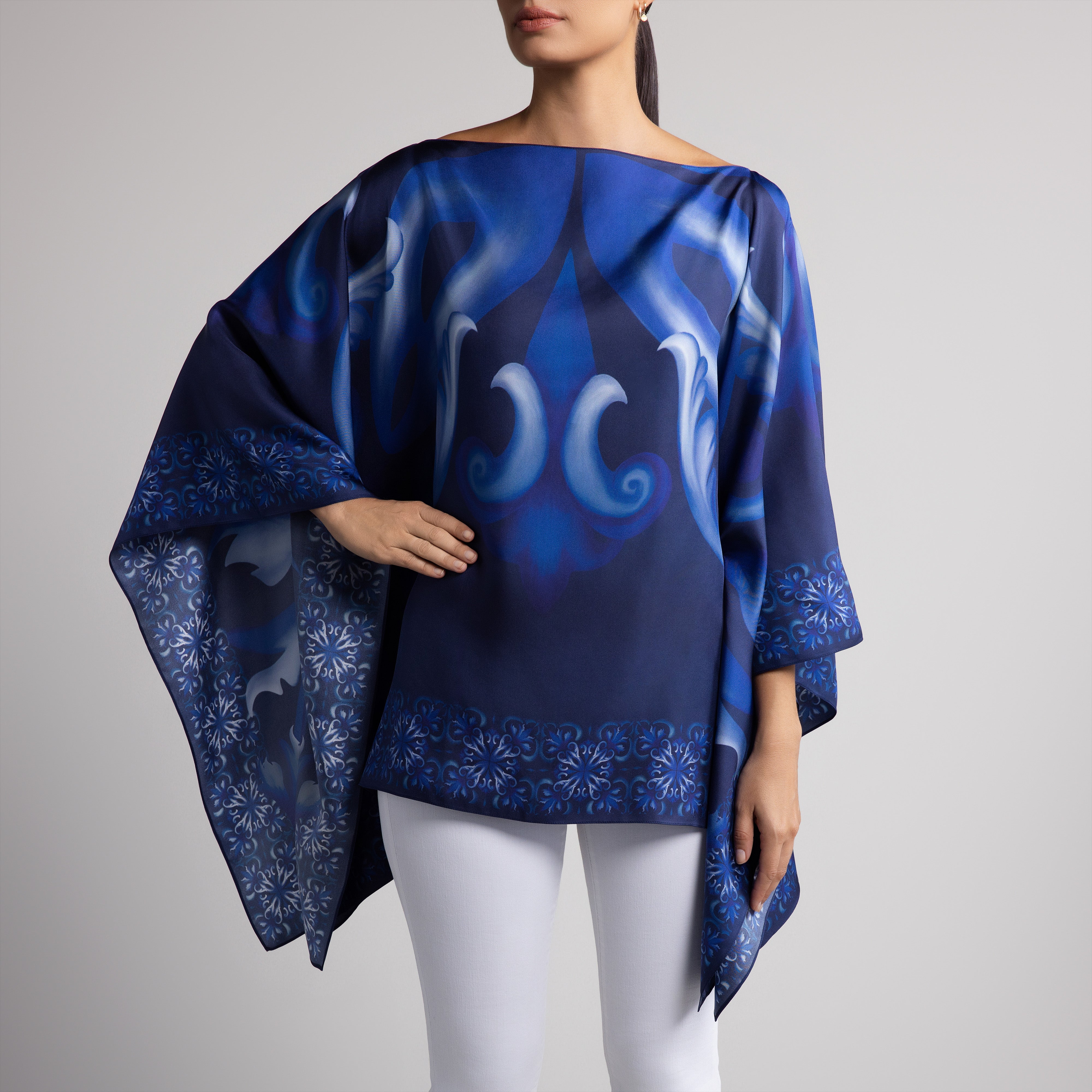 Porto Silk Poncho in Navy Blue