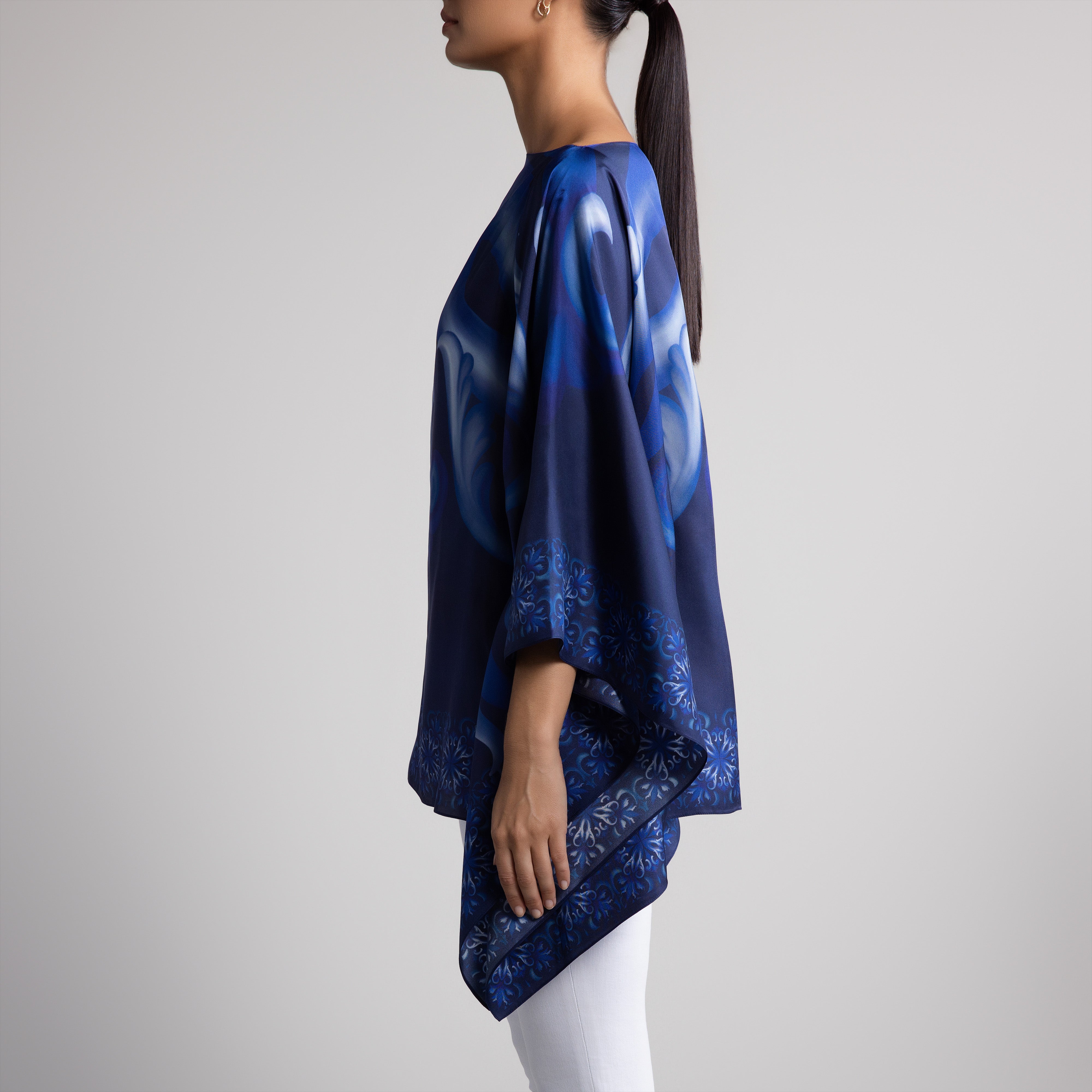 Porto Silk Poncho in Navy Blue