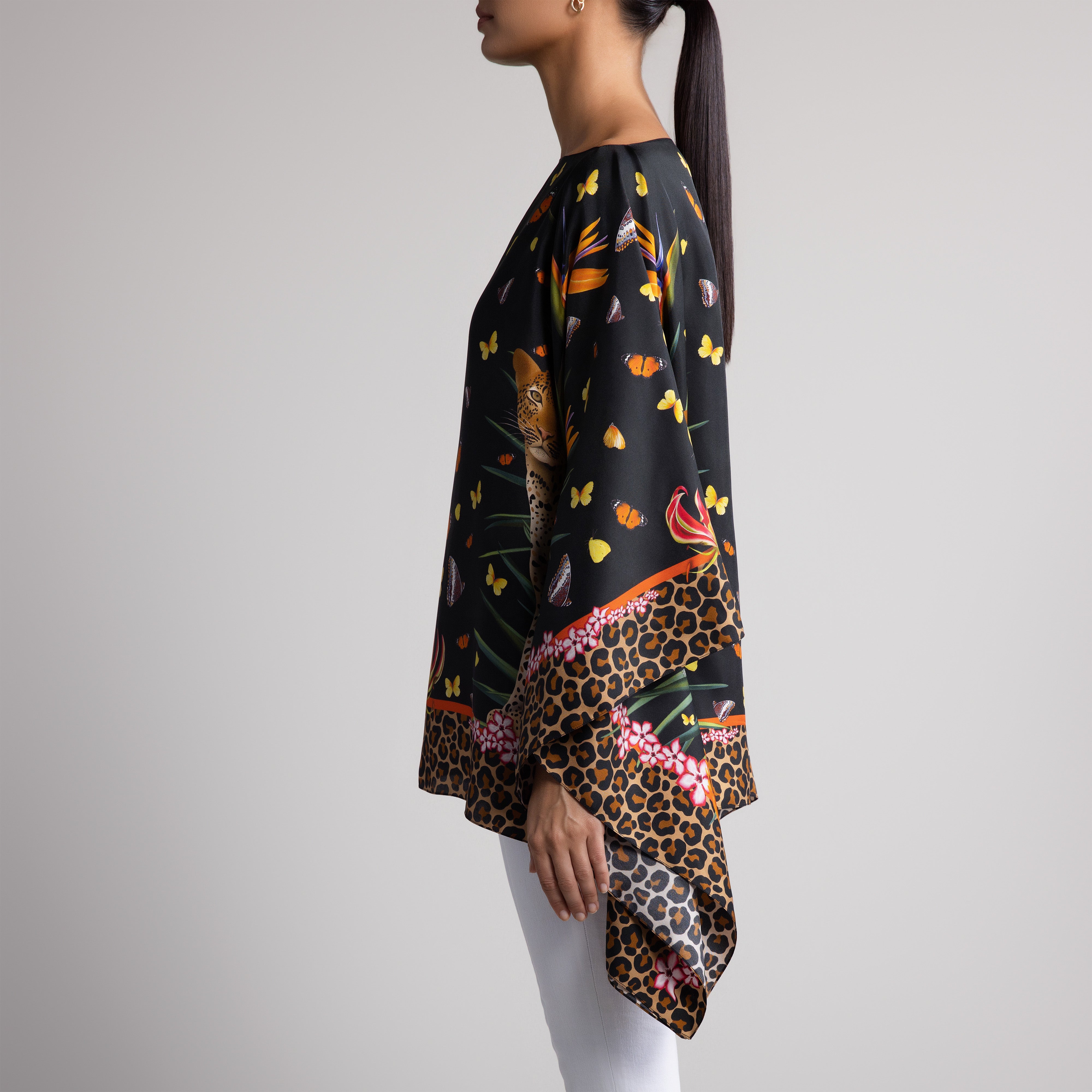 Leopard & Butterfly Silk Poncho in Black