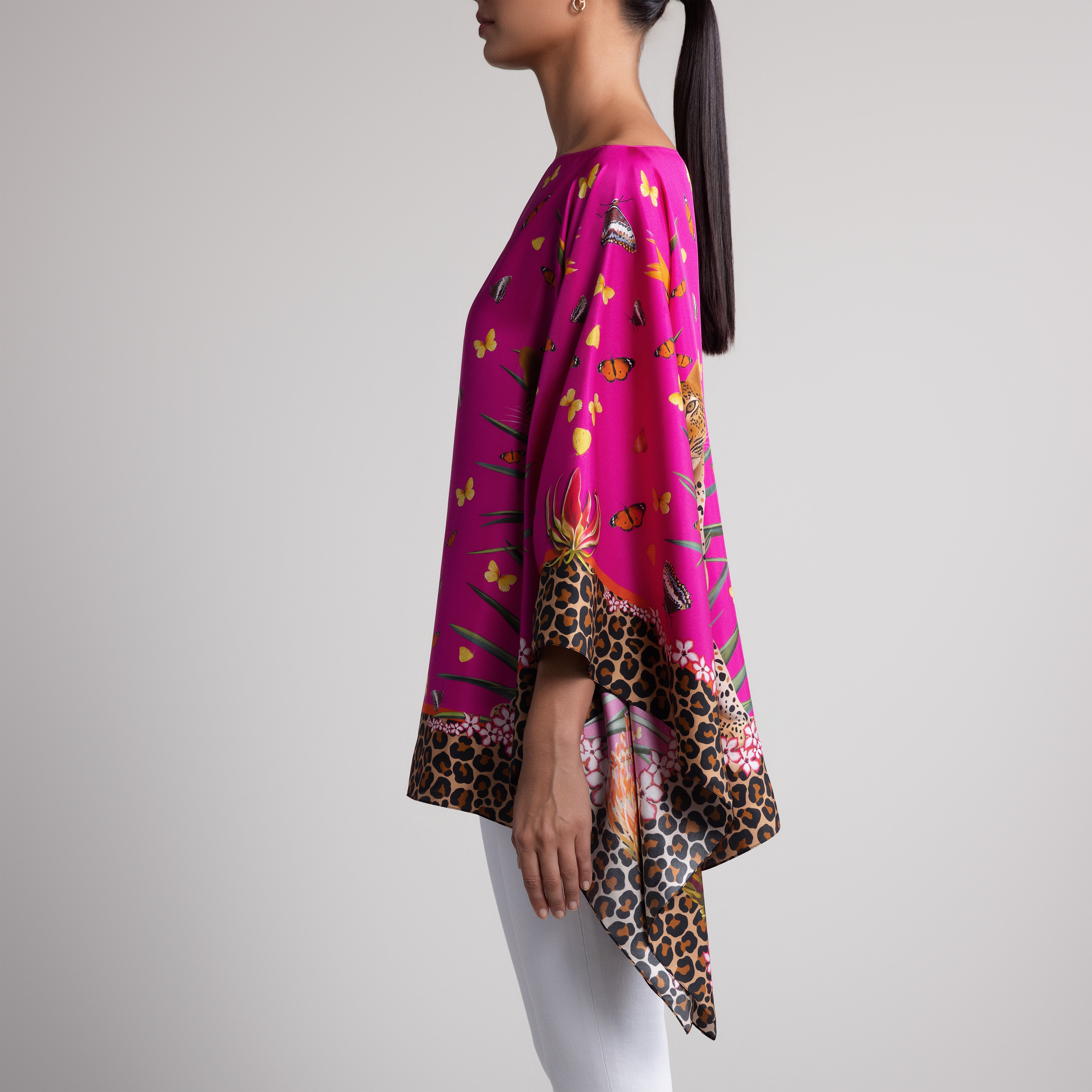 Leopard & Butterfly Silk Poncho in Hot Pink