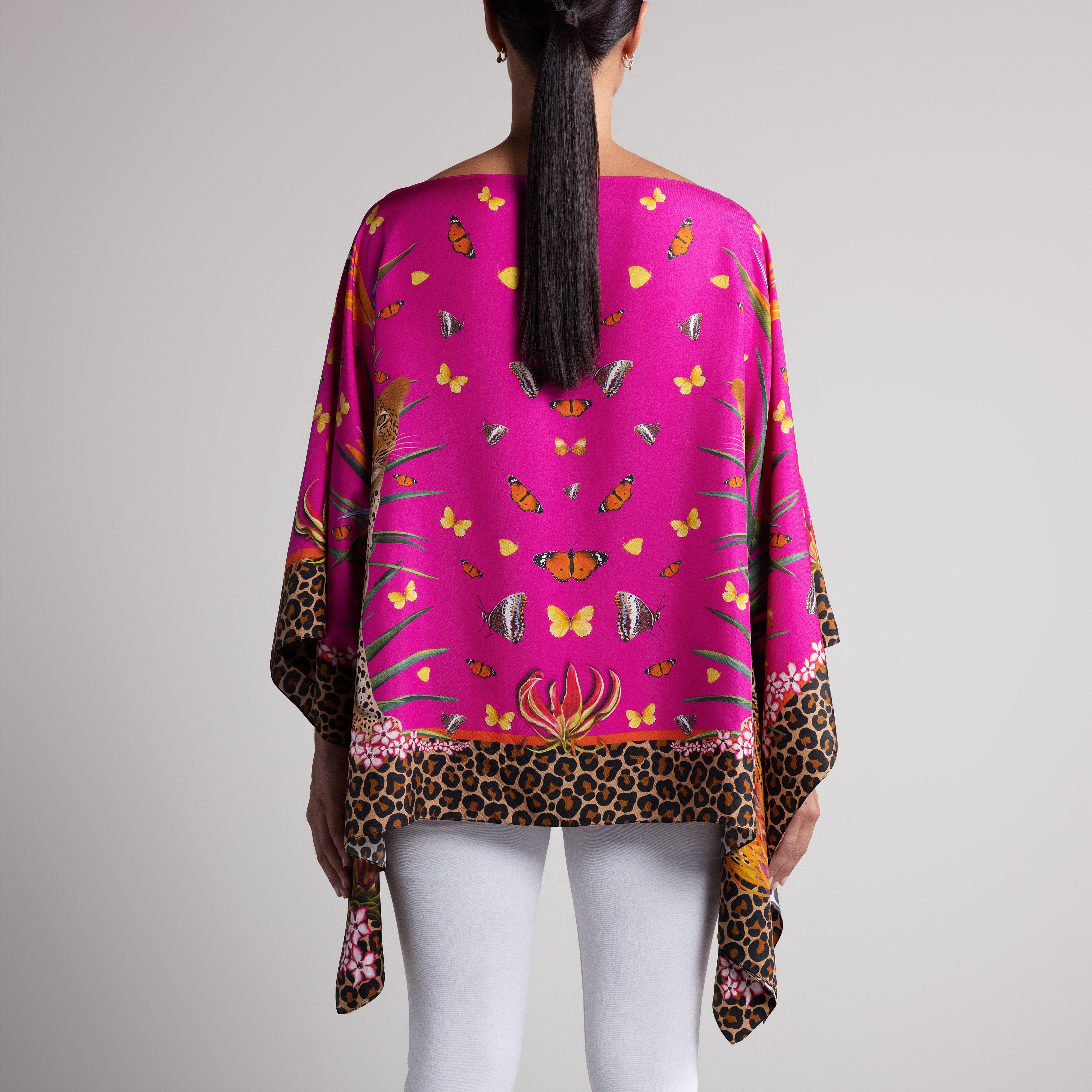 Leopard & Butterfly Silk Poncho in Hot Pink