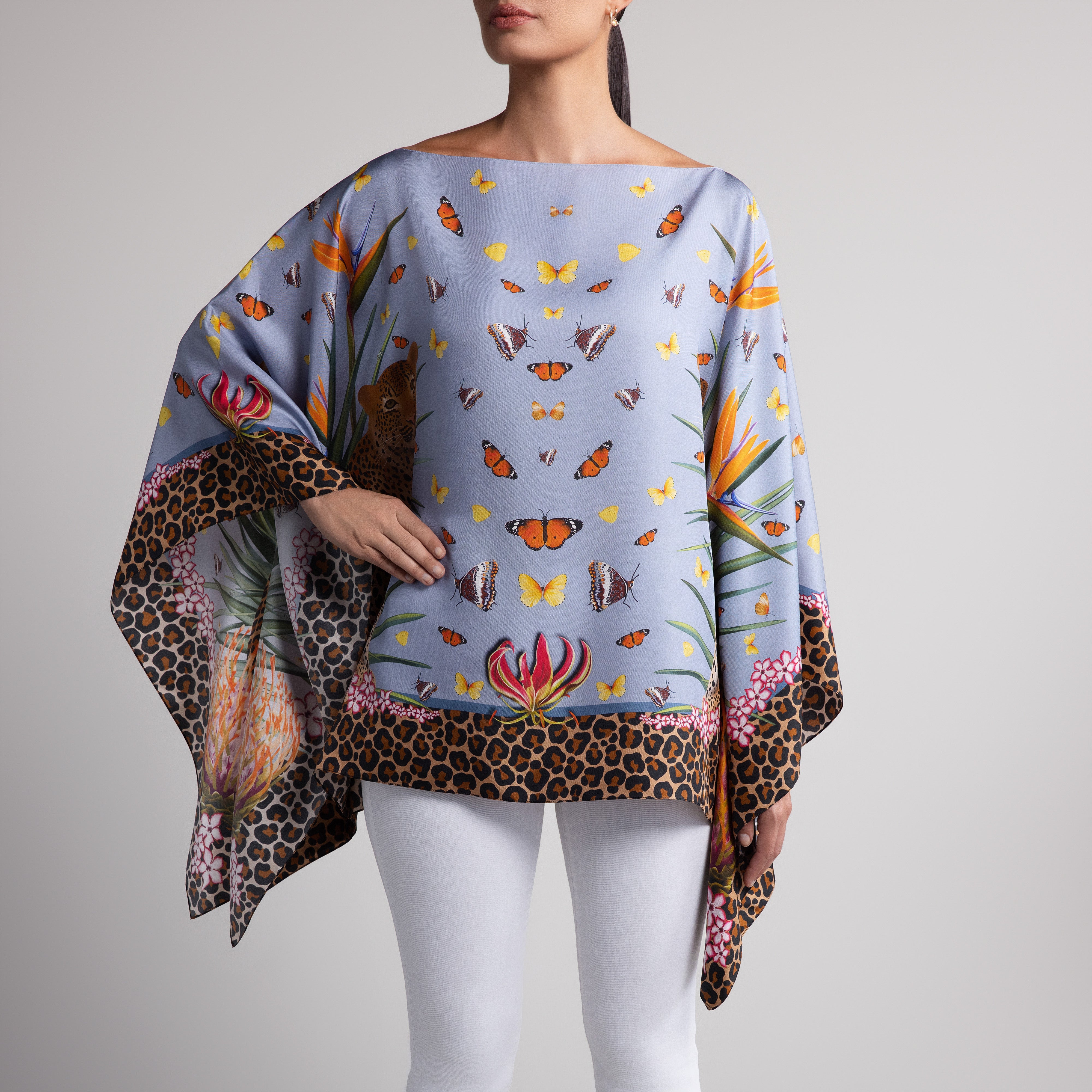 Leopard & Butterfly Silk Poncho in Light Blue