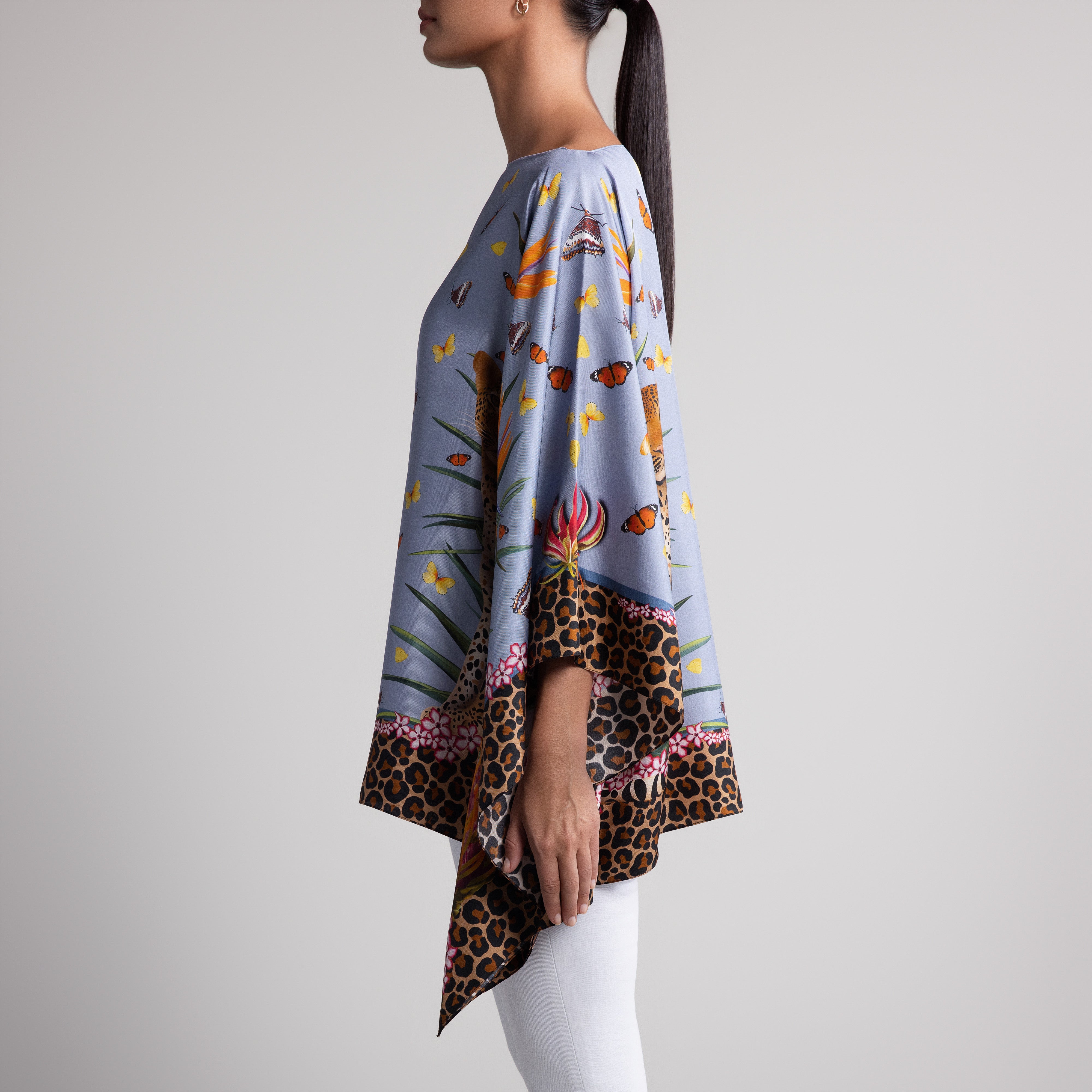 Leopard & Butterfly Silk Poncho in Light Blue
