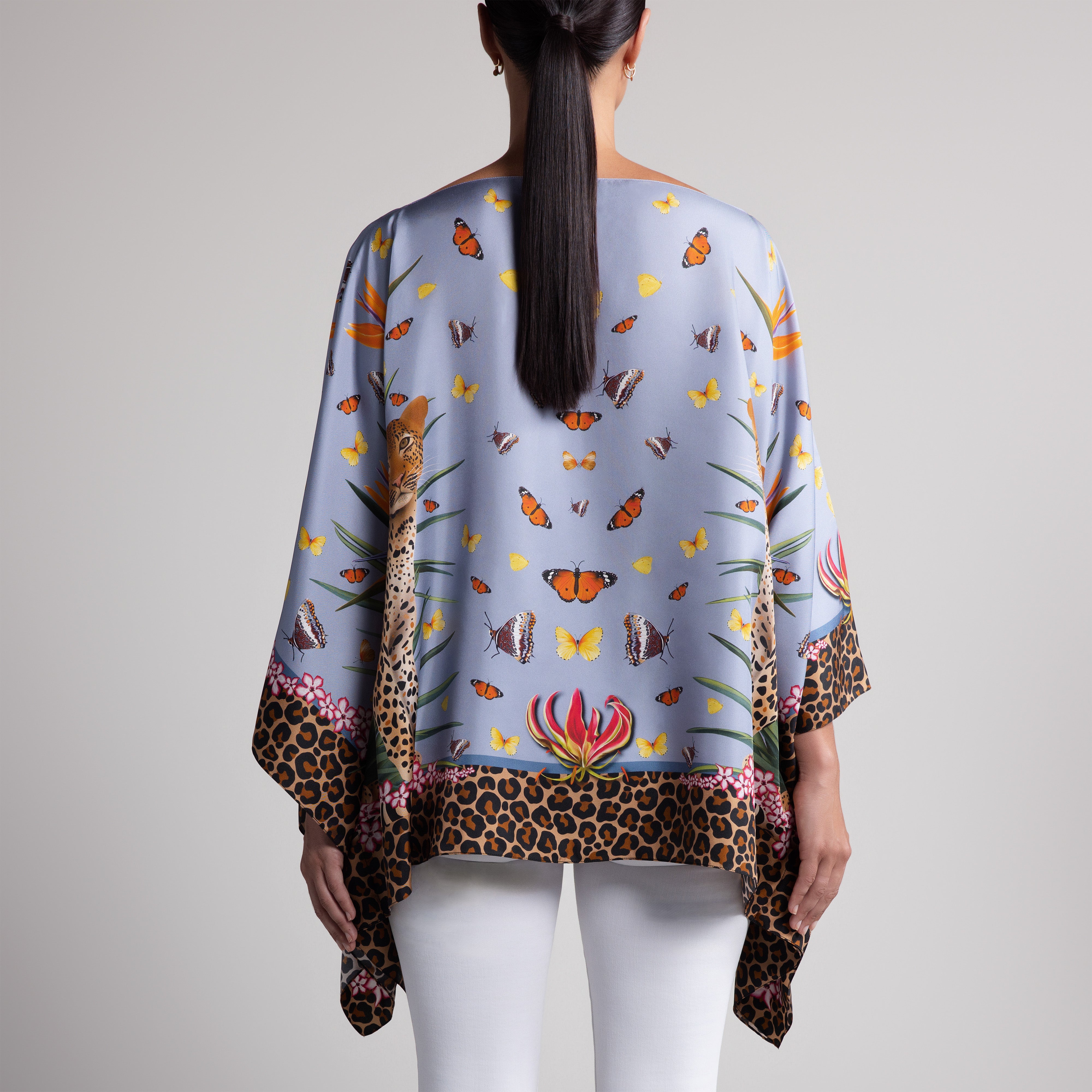 Leopard & Butterfly Silk Poncho in Light Blue