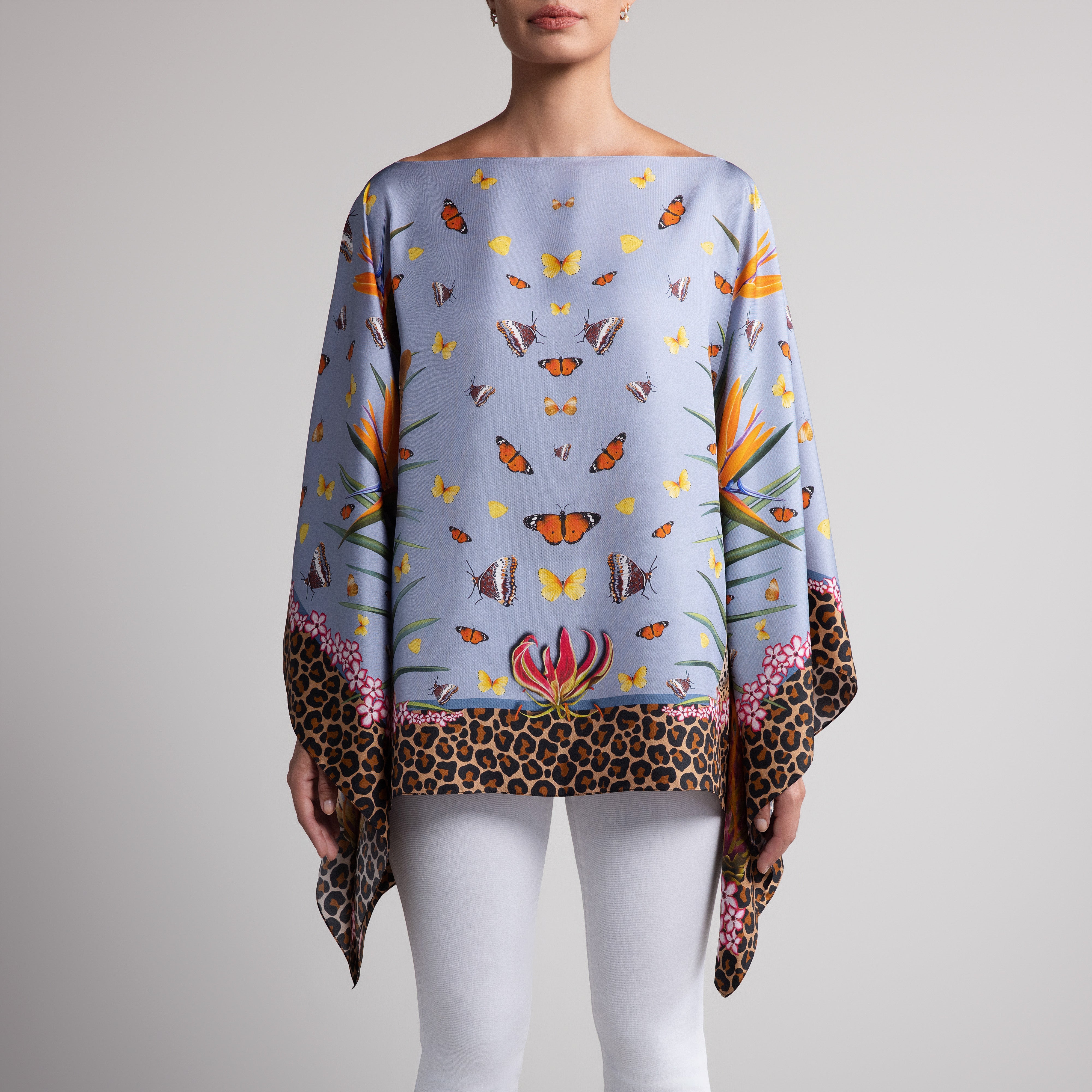 Leopard & Butterfly Silk Poncho in Light Blue