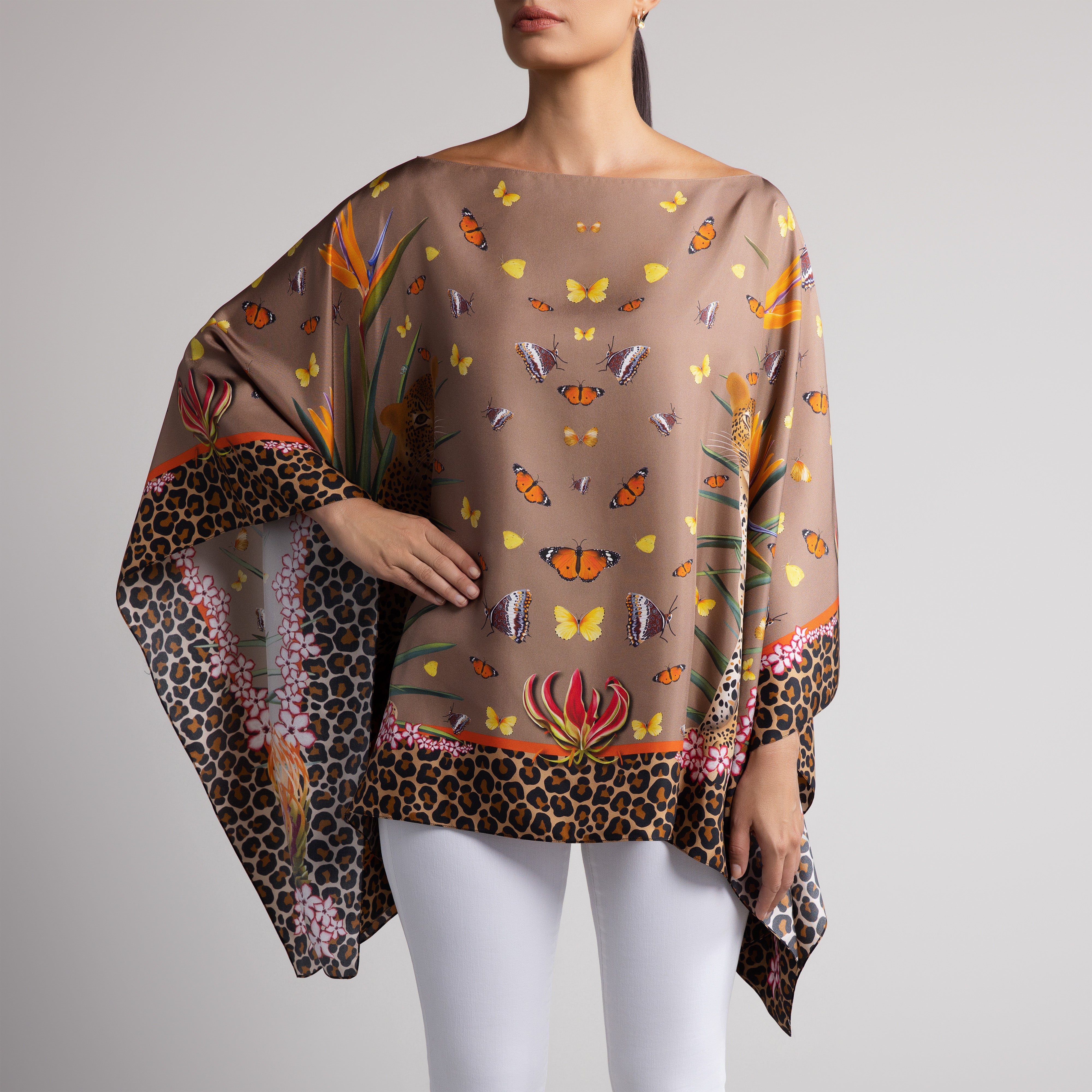 Leopard & Butterfly Silk Poncho in Tan