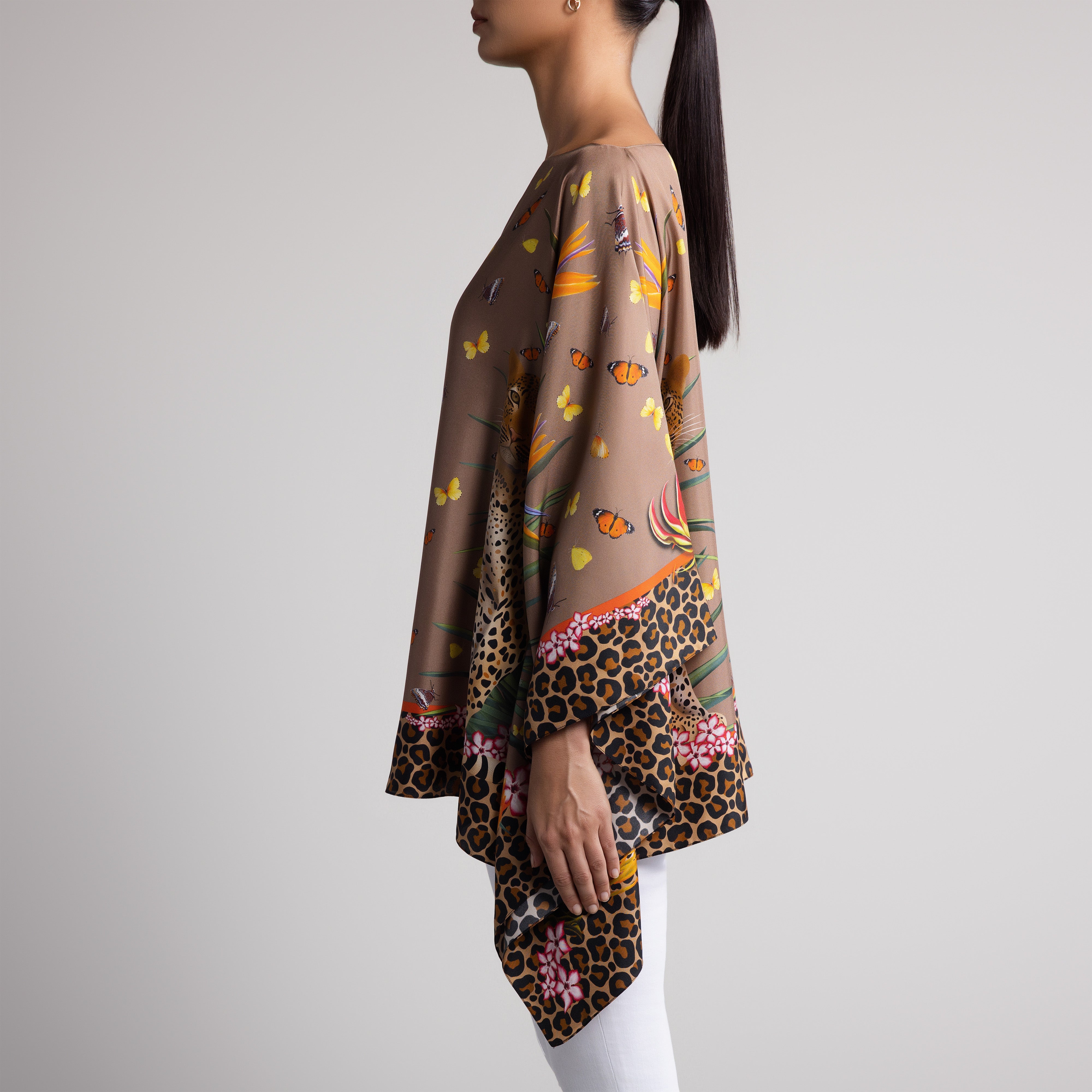 Leopard & Butterfly Silk Poncho in Tan