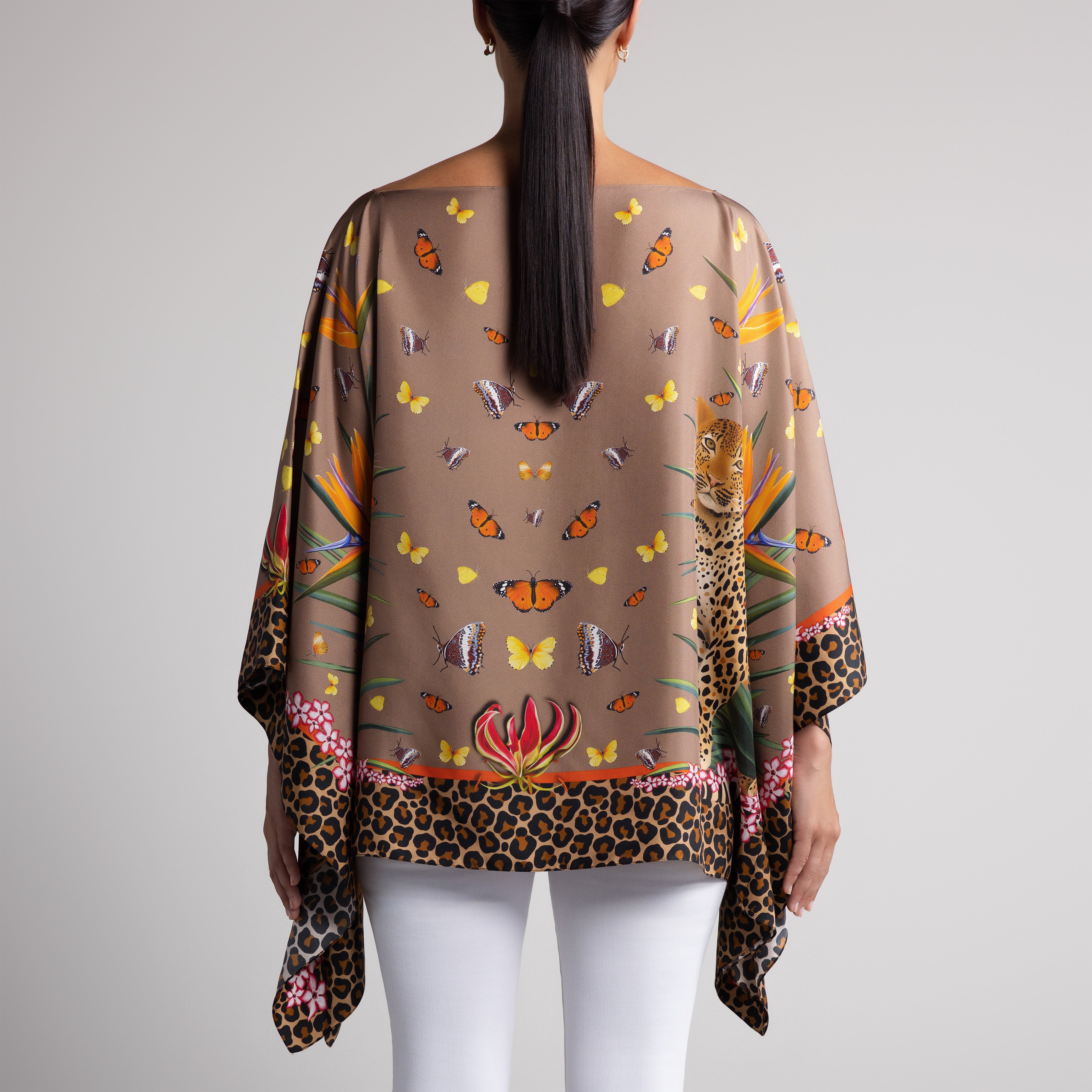 Leopard & Butterfly Silk Poncho in Tan