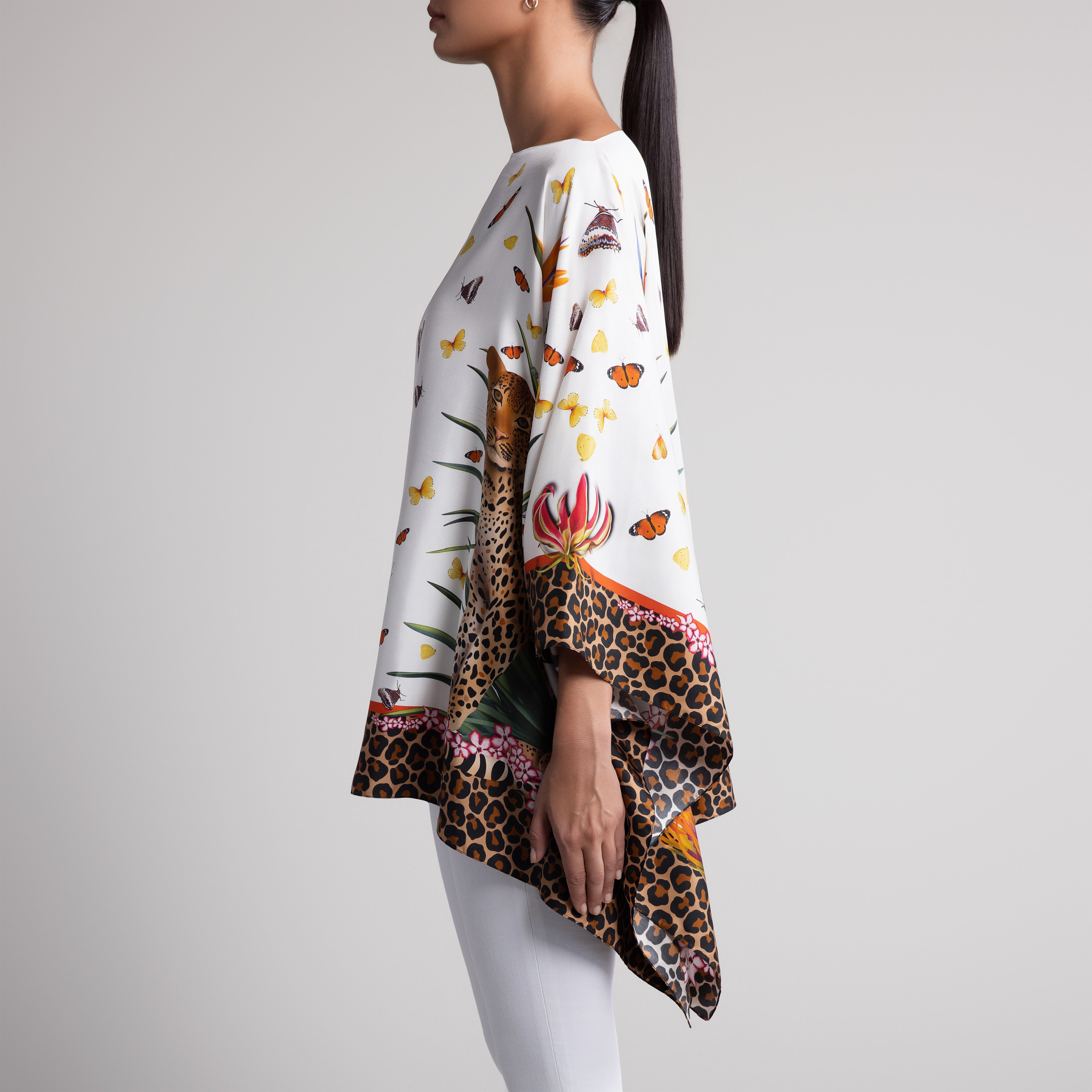Leopard & Butterfly Silk Poncho in White
