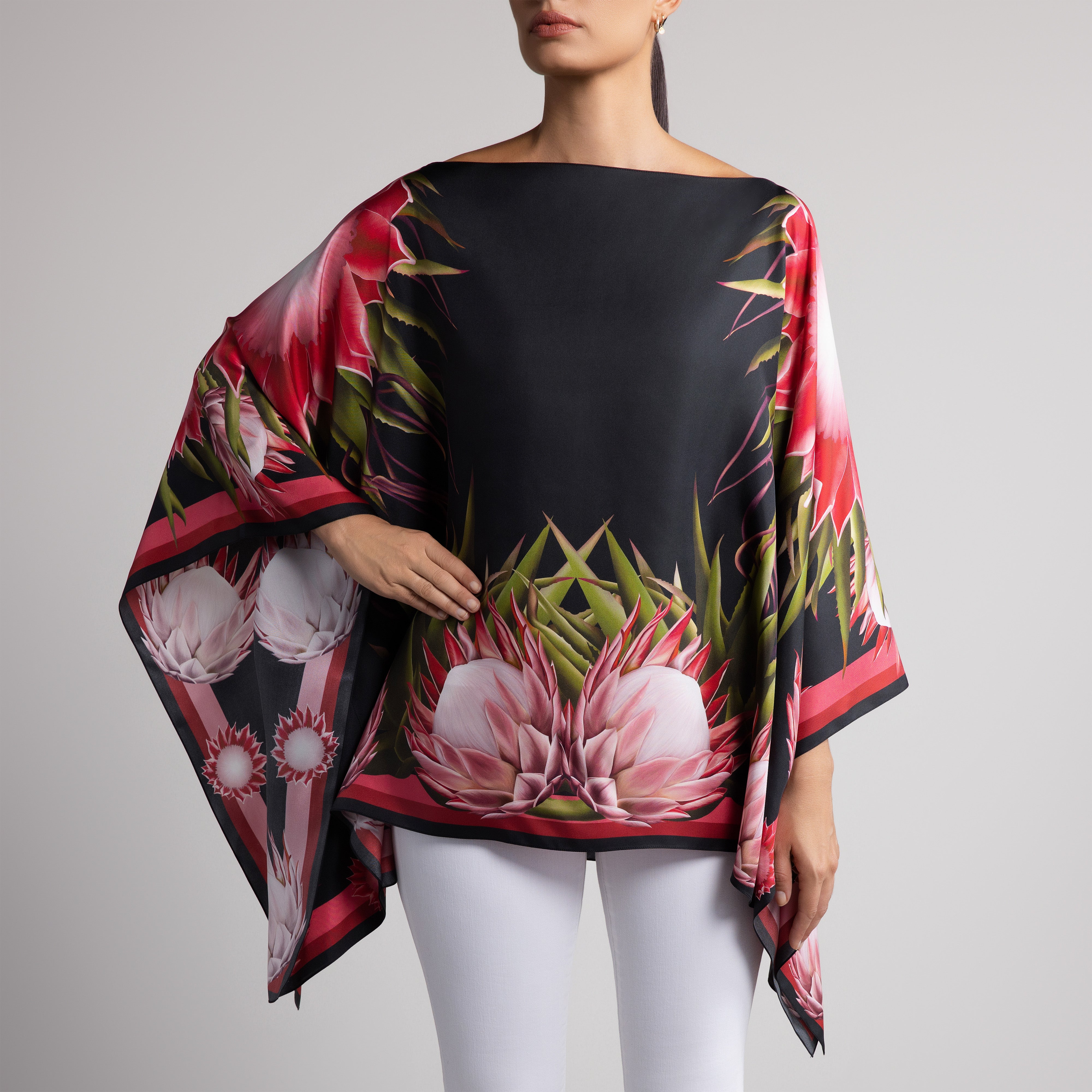 Protea Silk Poncho in Black