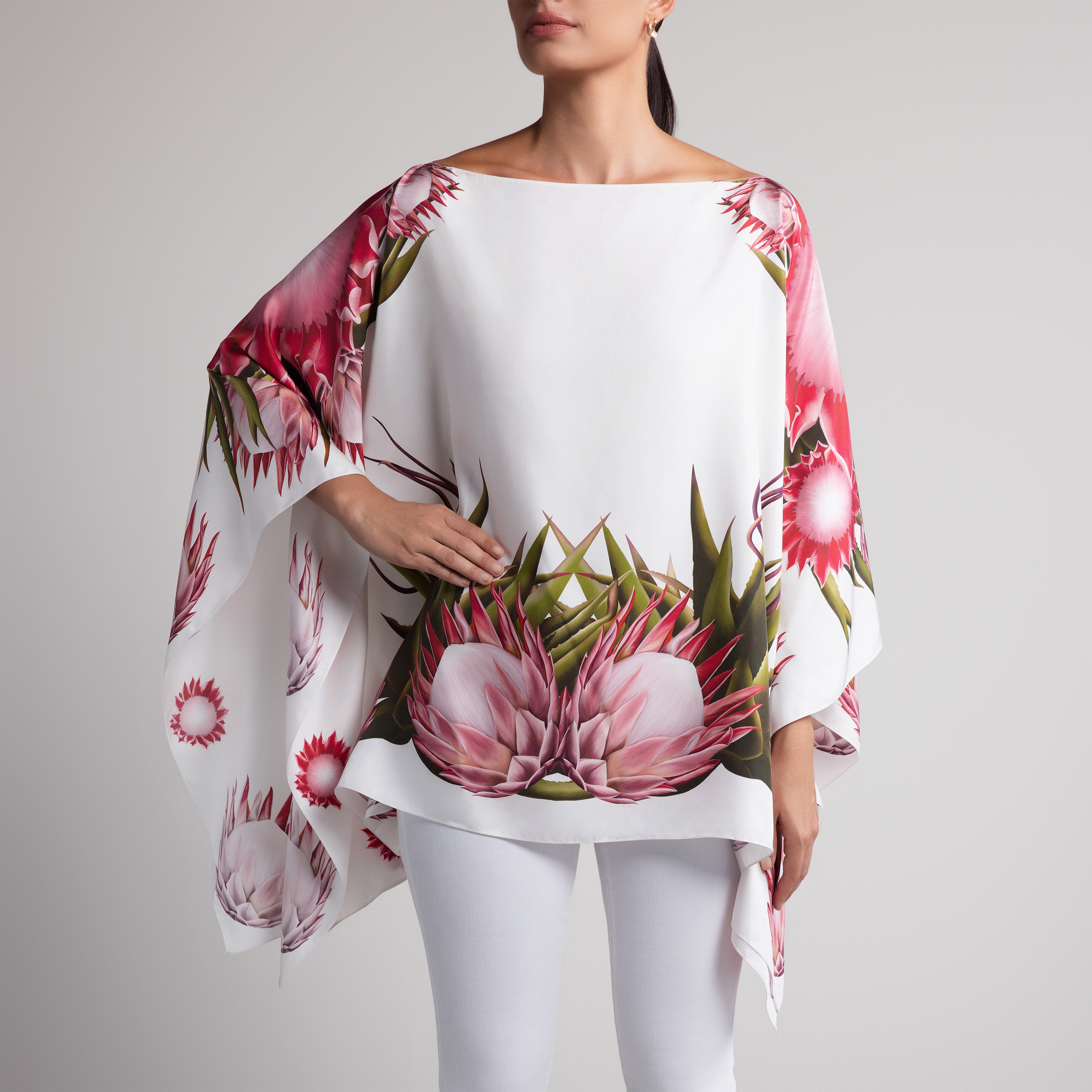 Protea Silk Poncho in White