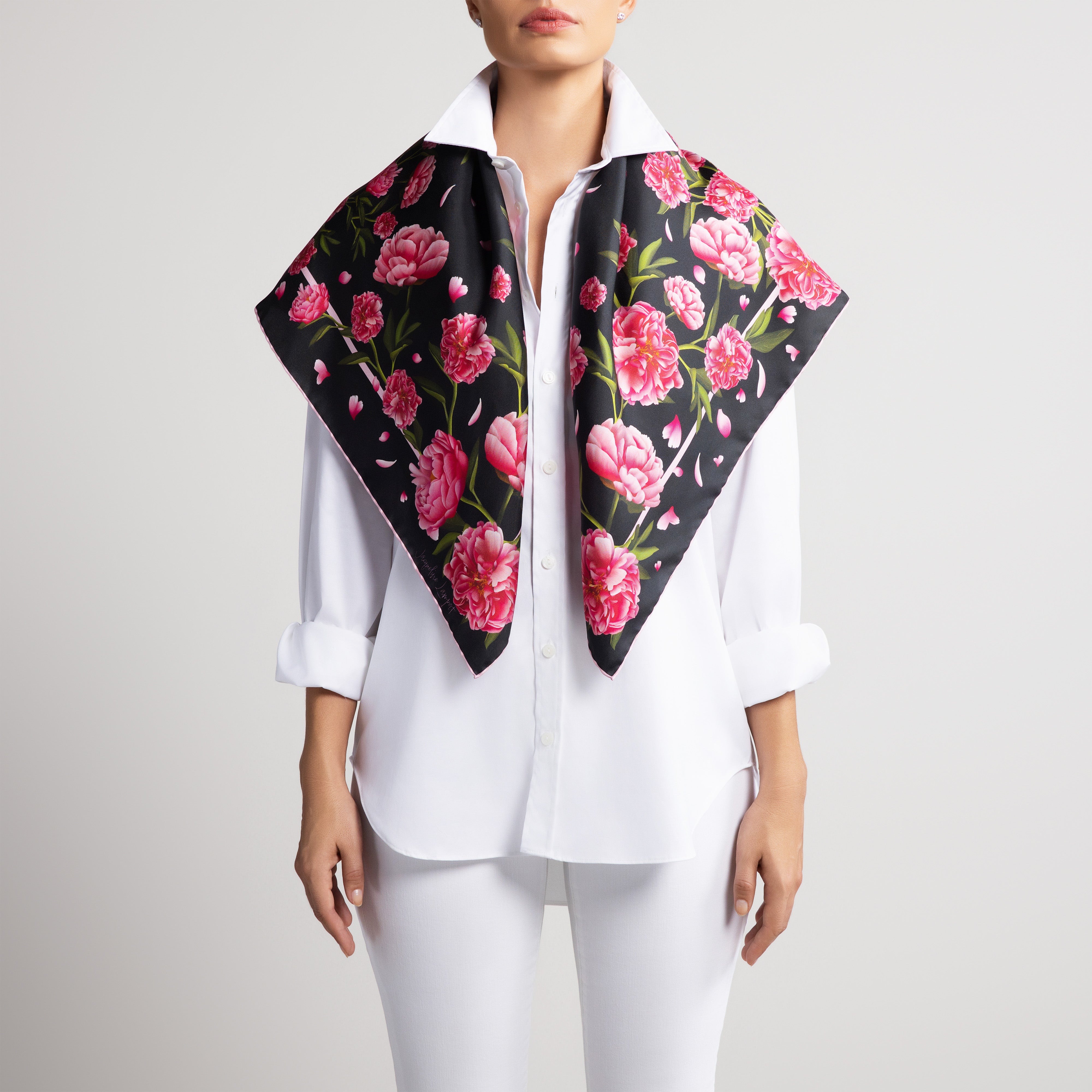 Peony Silk Scarf with Hand-Rolled Hem in Black