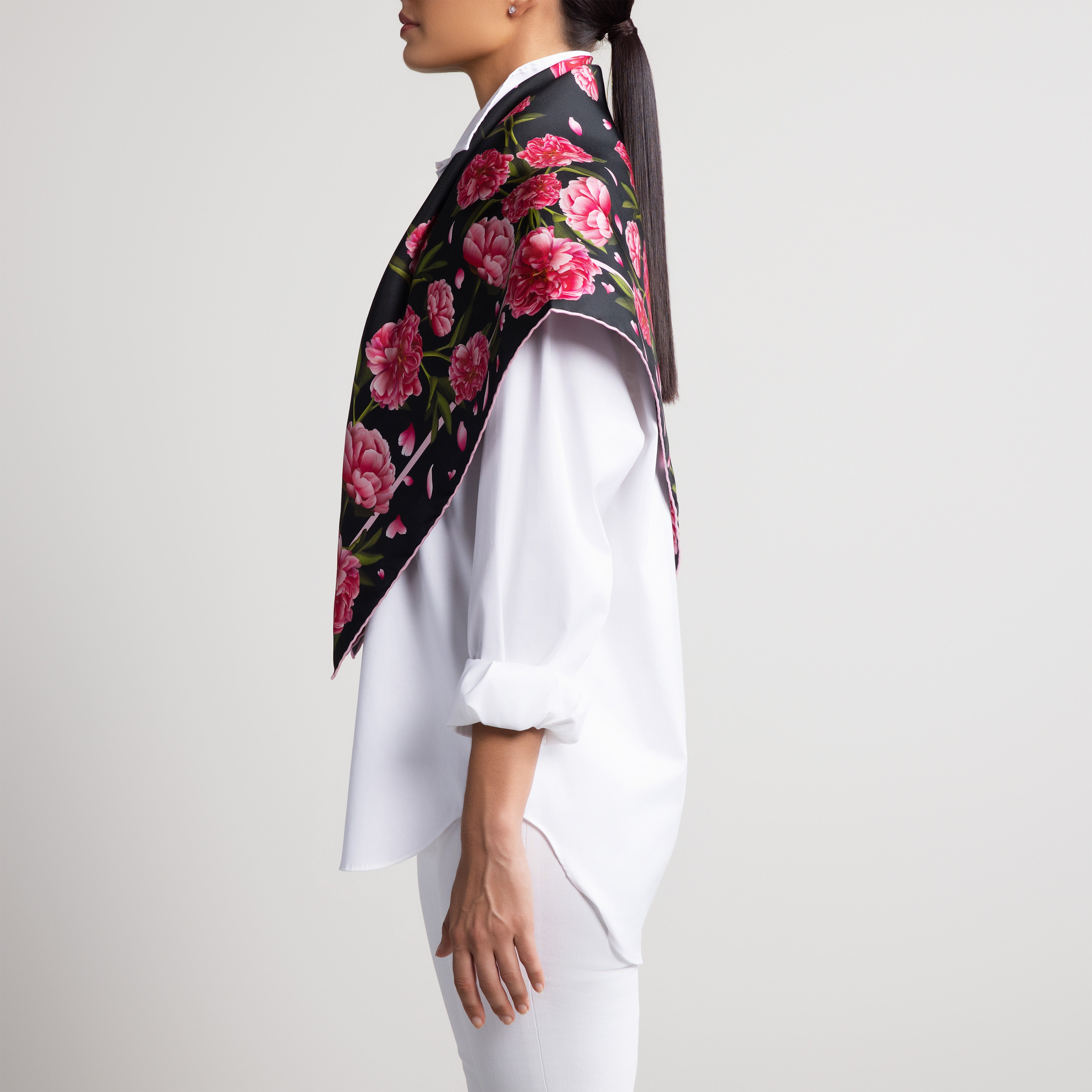 Peony Silk Scarf with Hand-Rolled Hem in Black