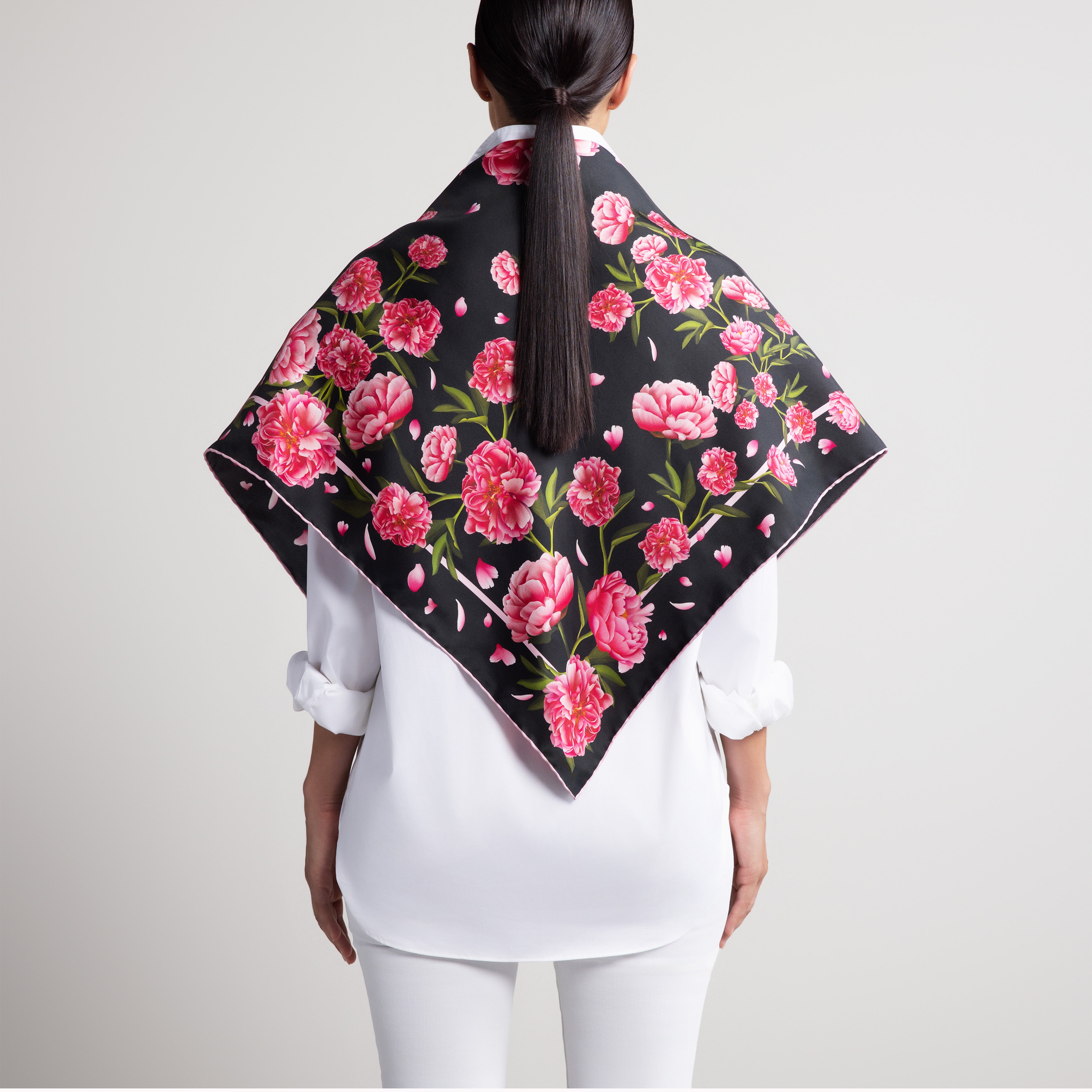 Peony Silk Scarf with Hand-Rolled Hem in Black