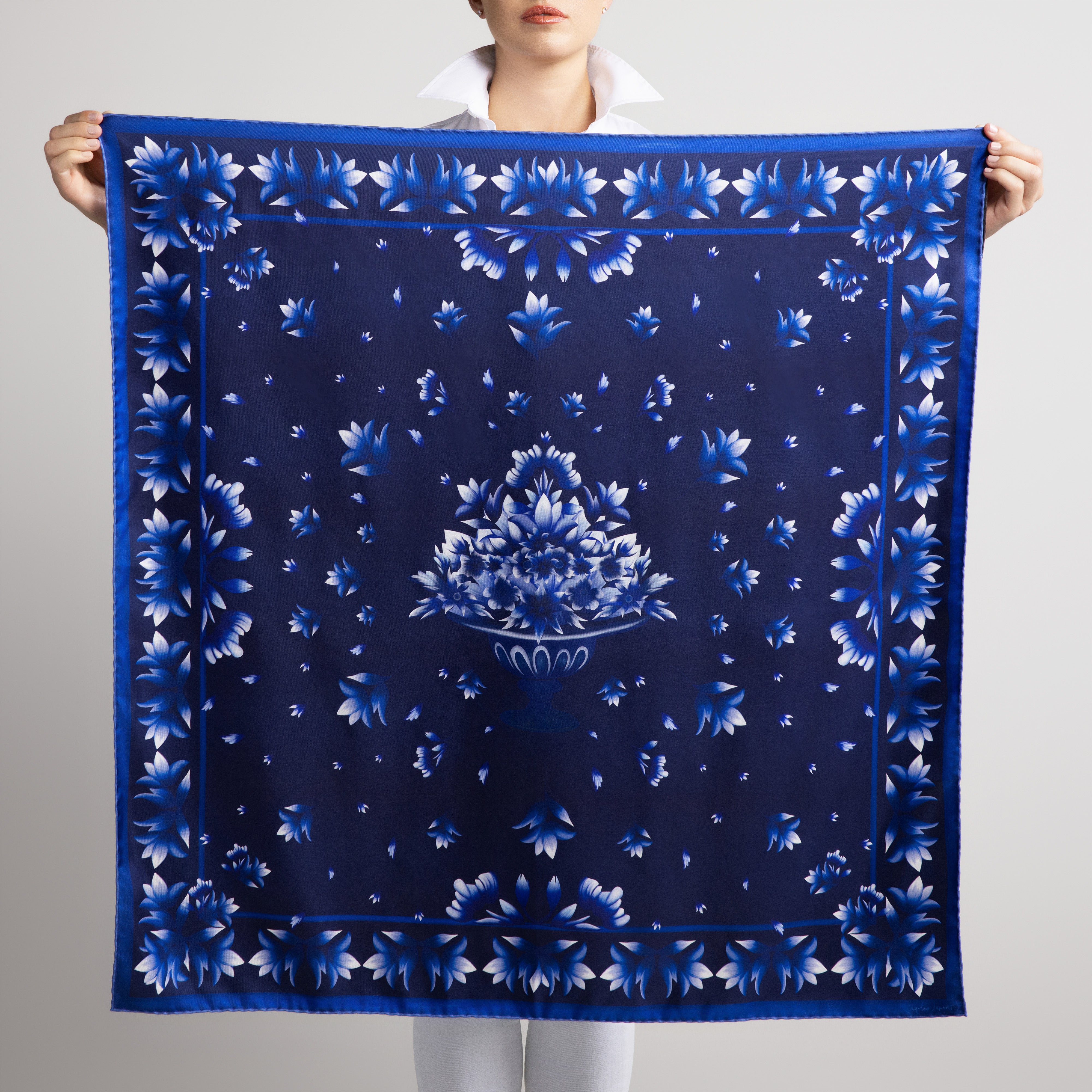 Azul Silk Scarf with Hand-Rolled Hem in Navy Blue