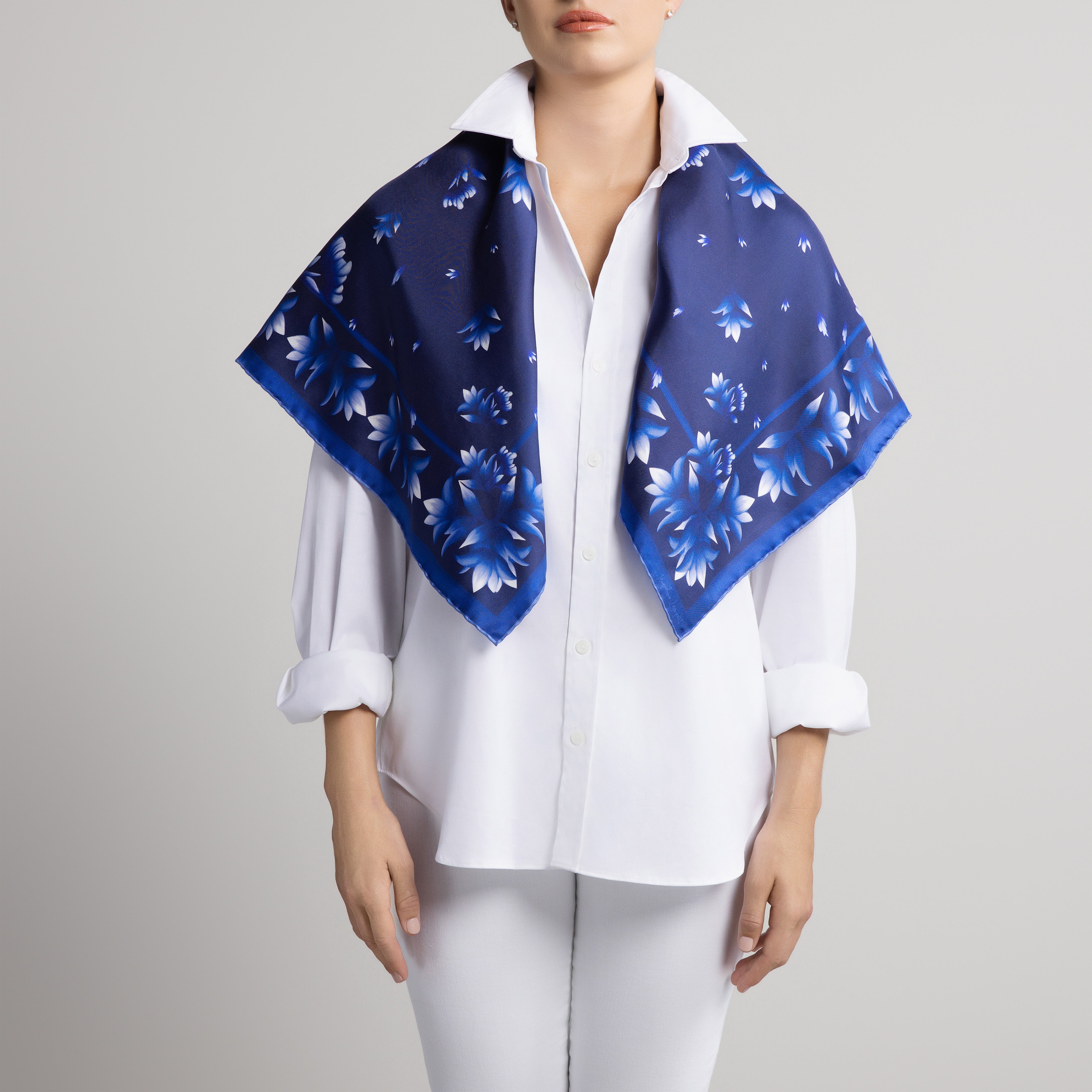 Azul Silk Scarf with Hand-Rolled Hem in Navy Blue