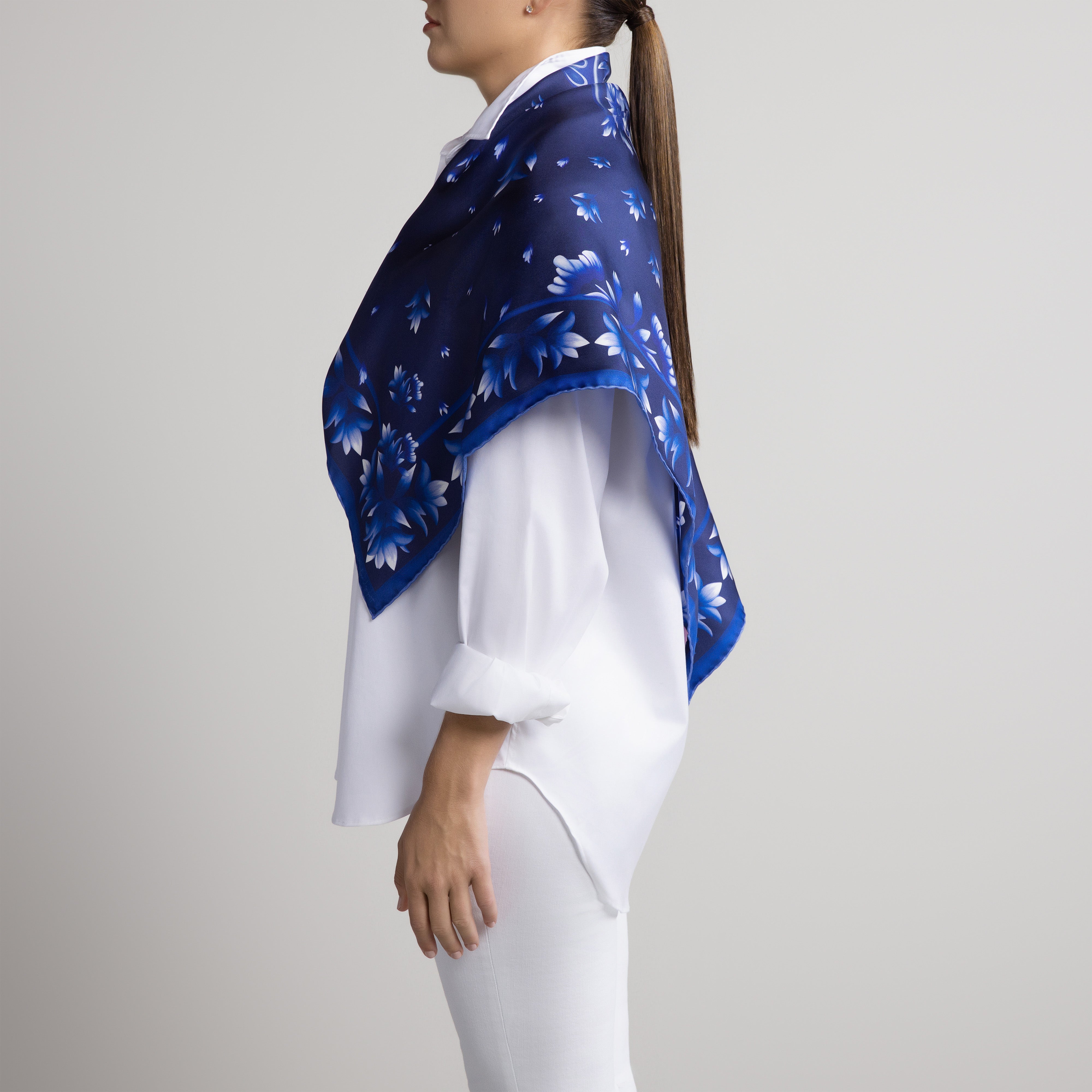 Azul Silk Scarf with Hand-Rolled Hem in Navy Blue