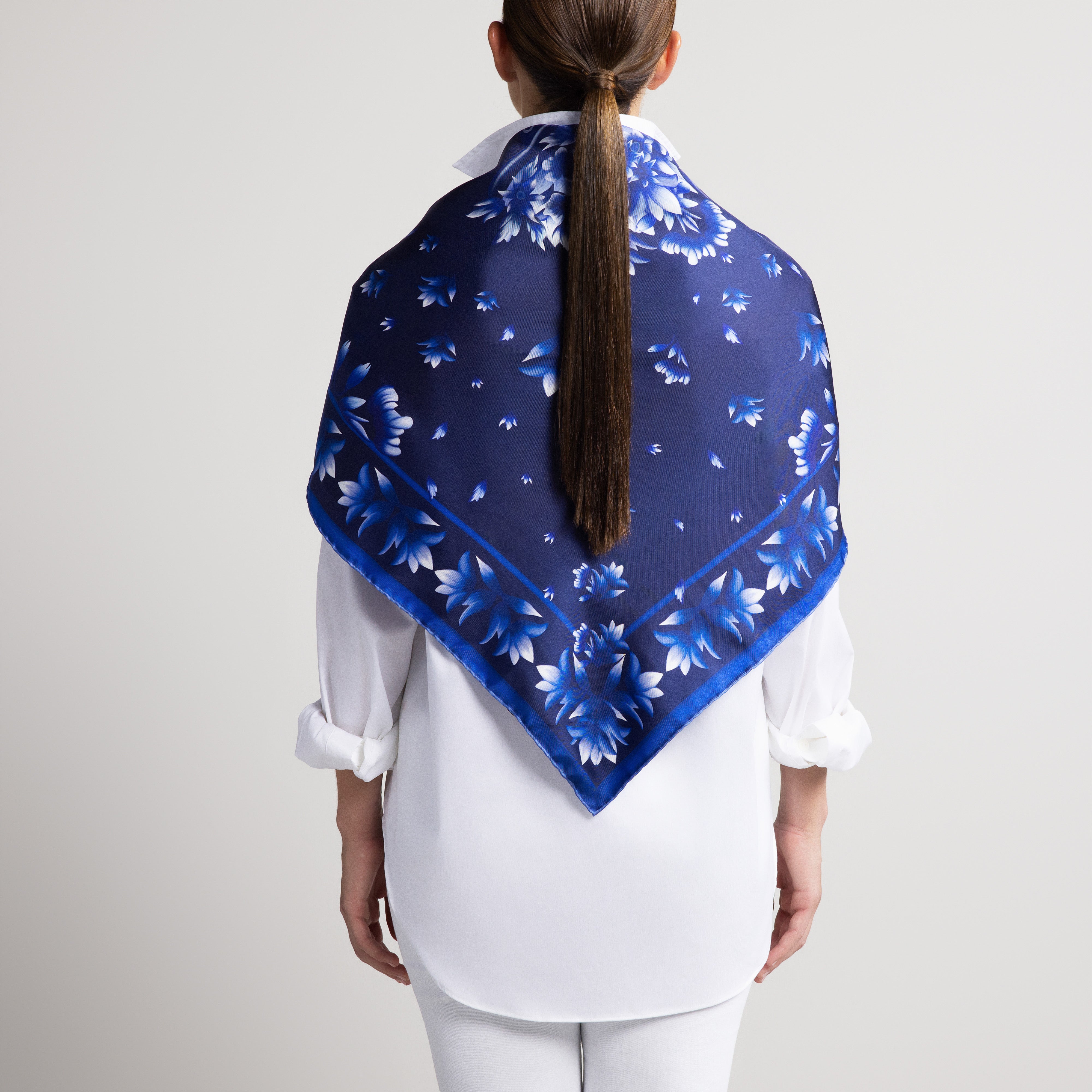 Azul Silk Scarf with Hand-Rolled Hem in Navy Blue