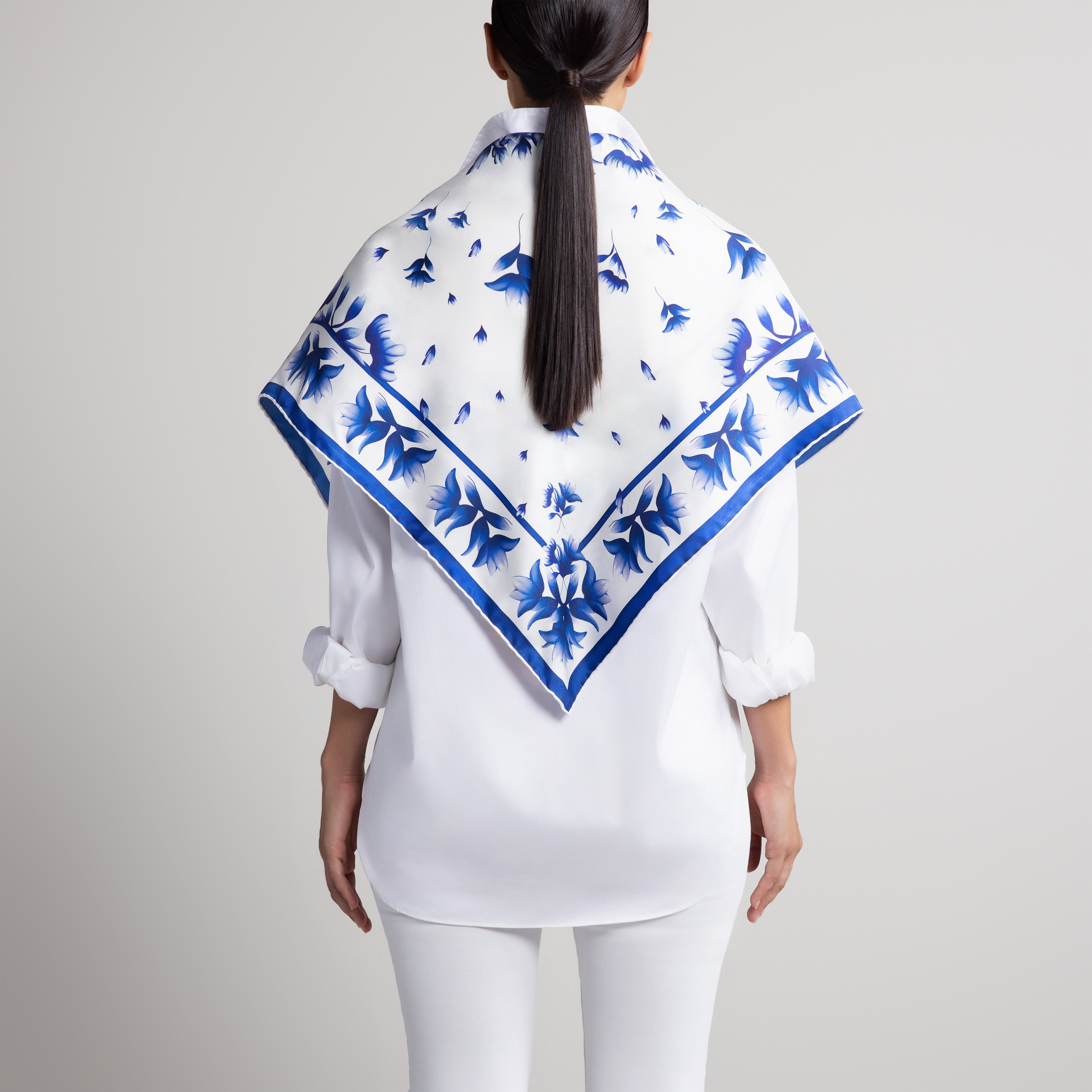 Azul Silk Scarf with Hand-Rolled Hem in White