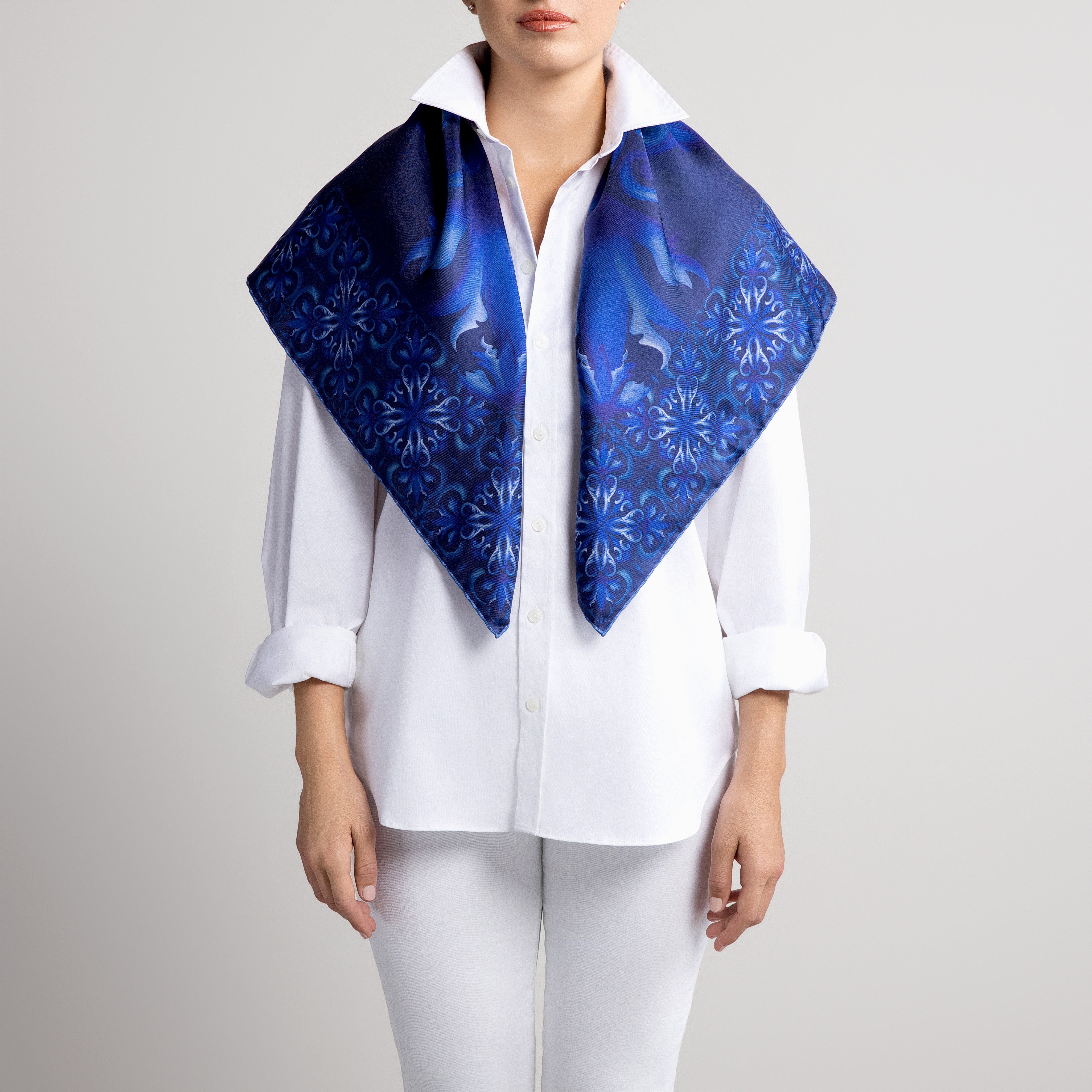Porto Silk Scarf with Hand-Rolled Hem in Navy Blue