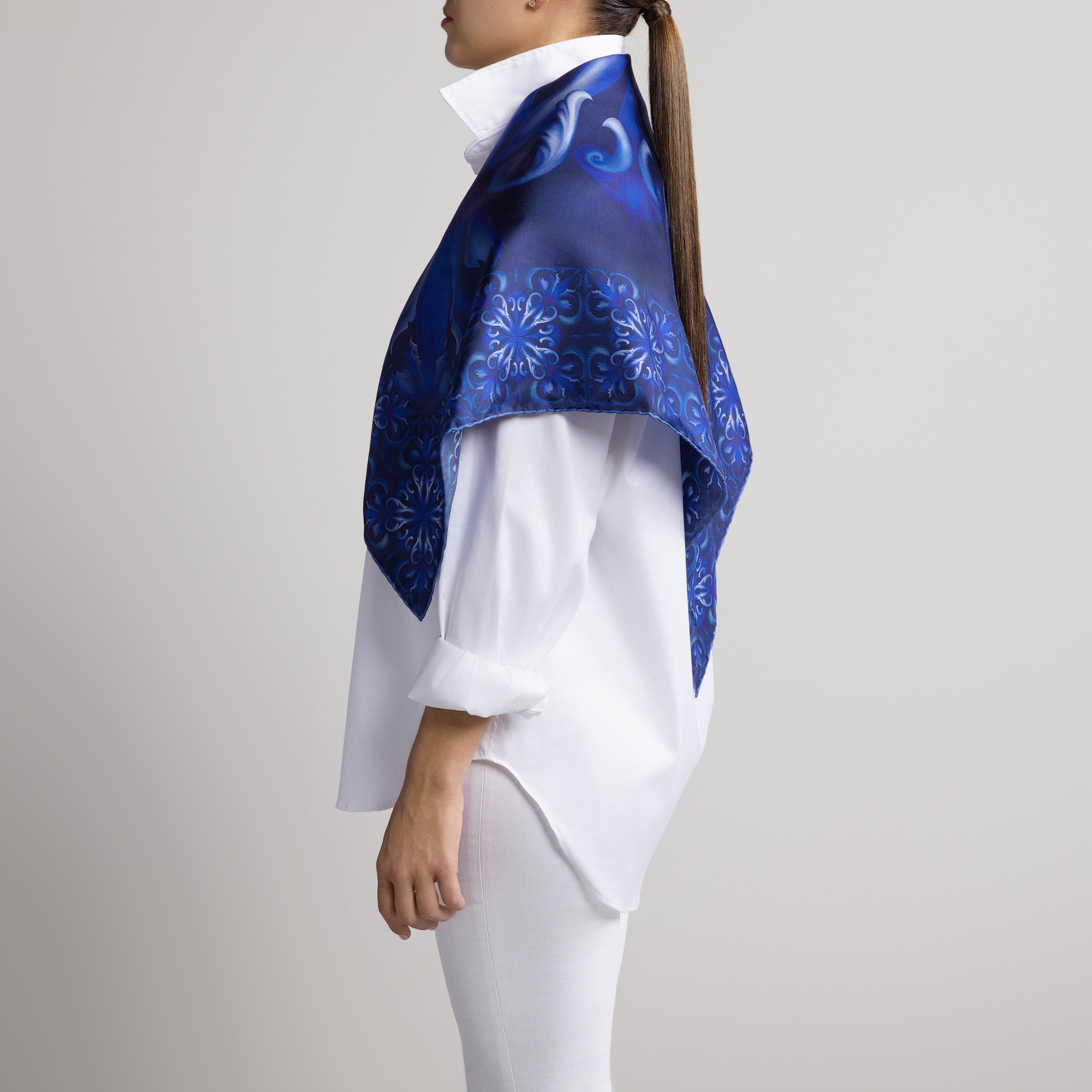 Porto Silk Scarf with Hand-Rolled Hem in Navy Blue