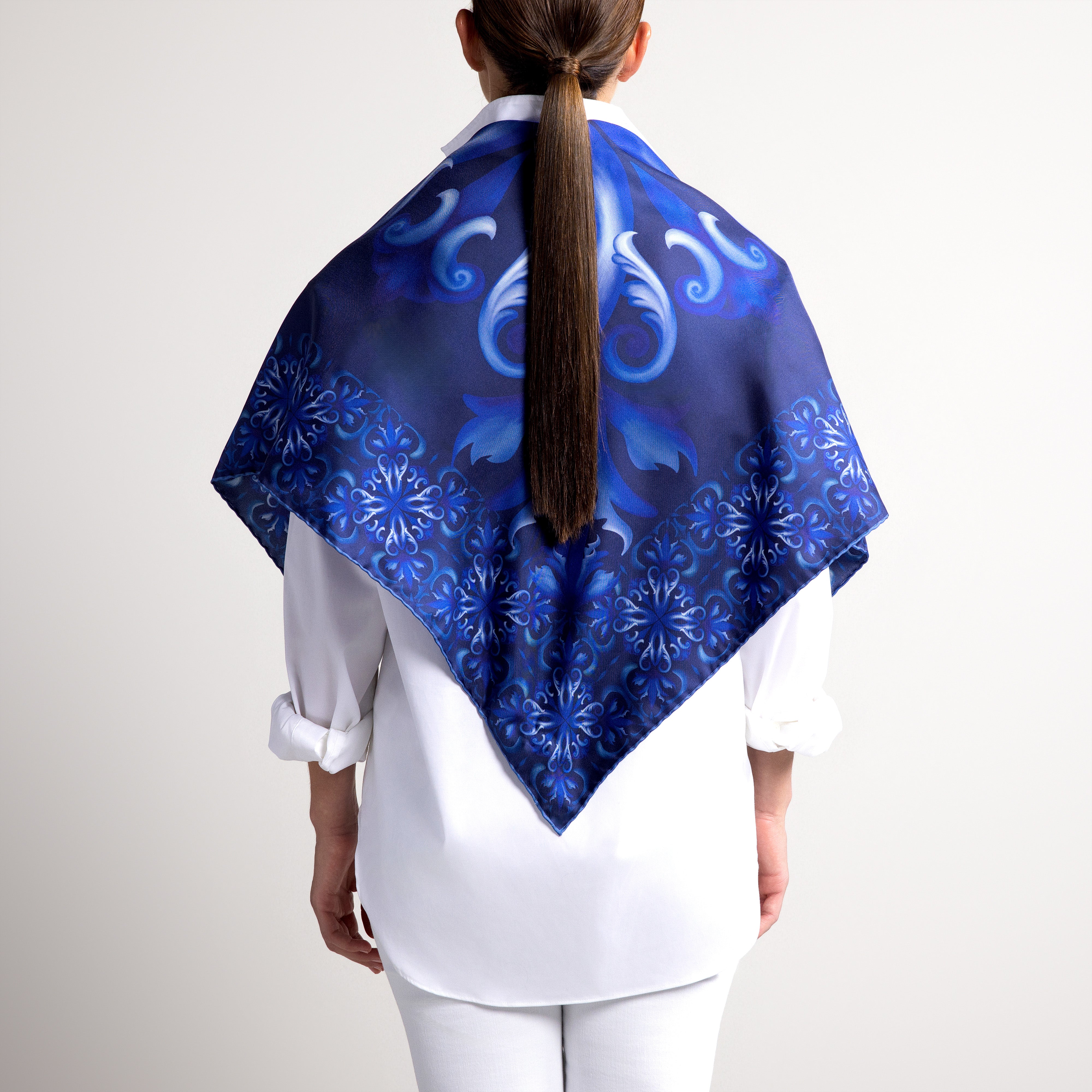 Porto Silk Scarf with Hand-Rolled Hem in Navy Blue