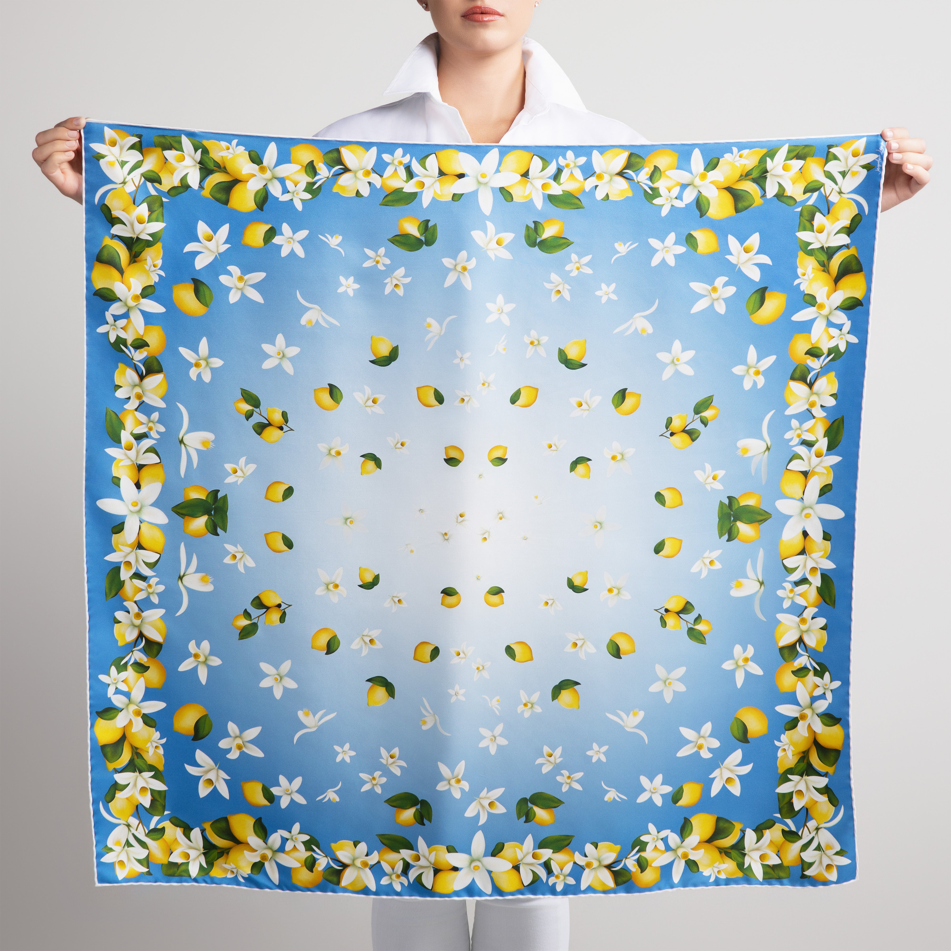 Capri Lemon Silk Scarf with Hand-Rolled Hem in Sky Blue