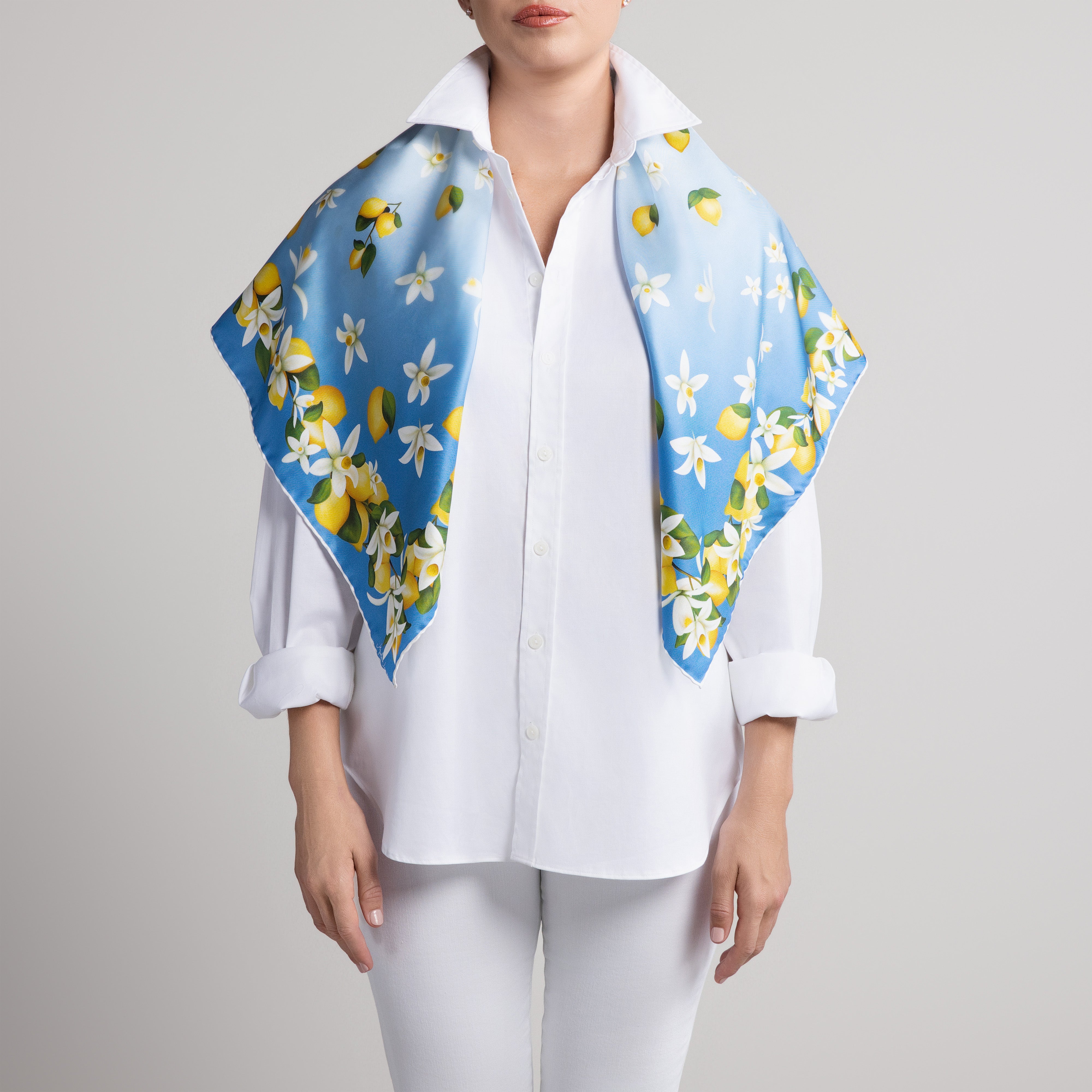 Capri Lemon Silk Scarf with Hand-Rolled Hem in Sky Blue