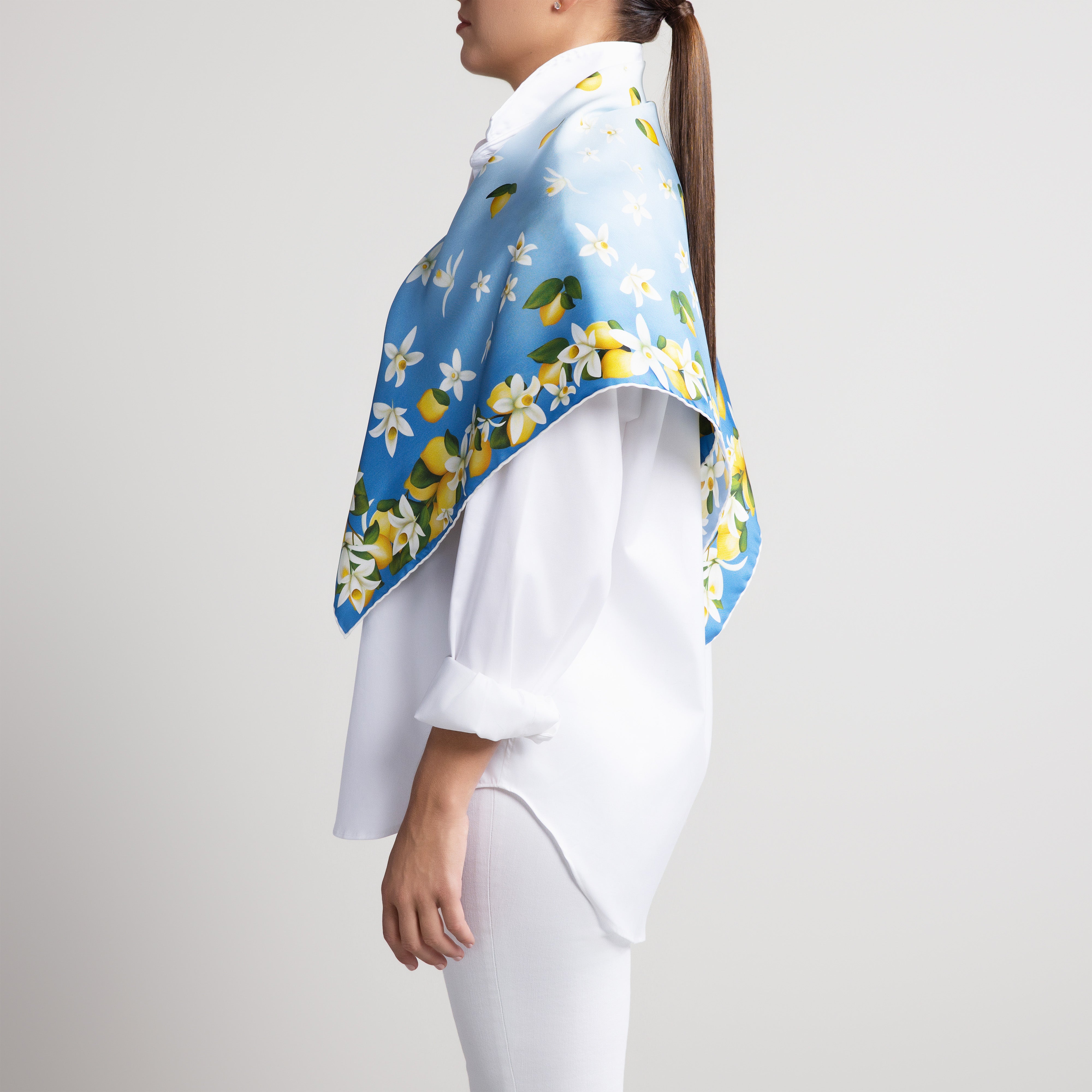 Capri Lemon Silk Scarf with Hand-Rolled Hem in Sky Blue
