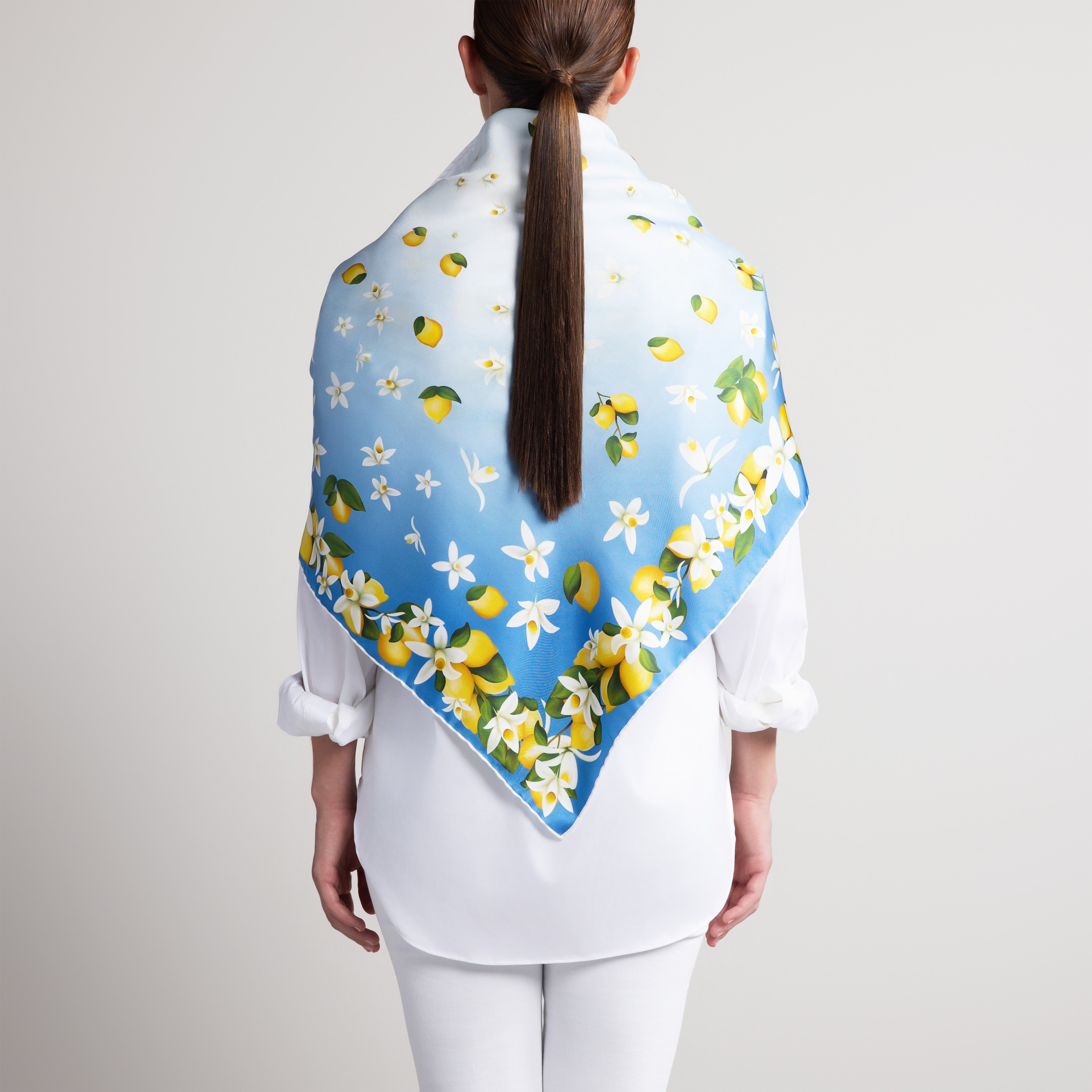 Capri Lemon Silk Scarf with Hand-Rolled Hem in Sky Blue