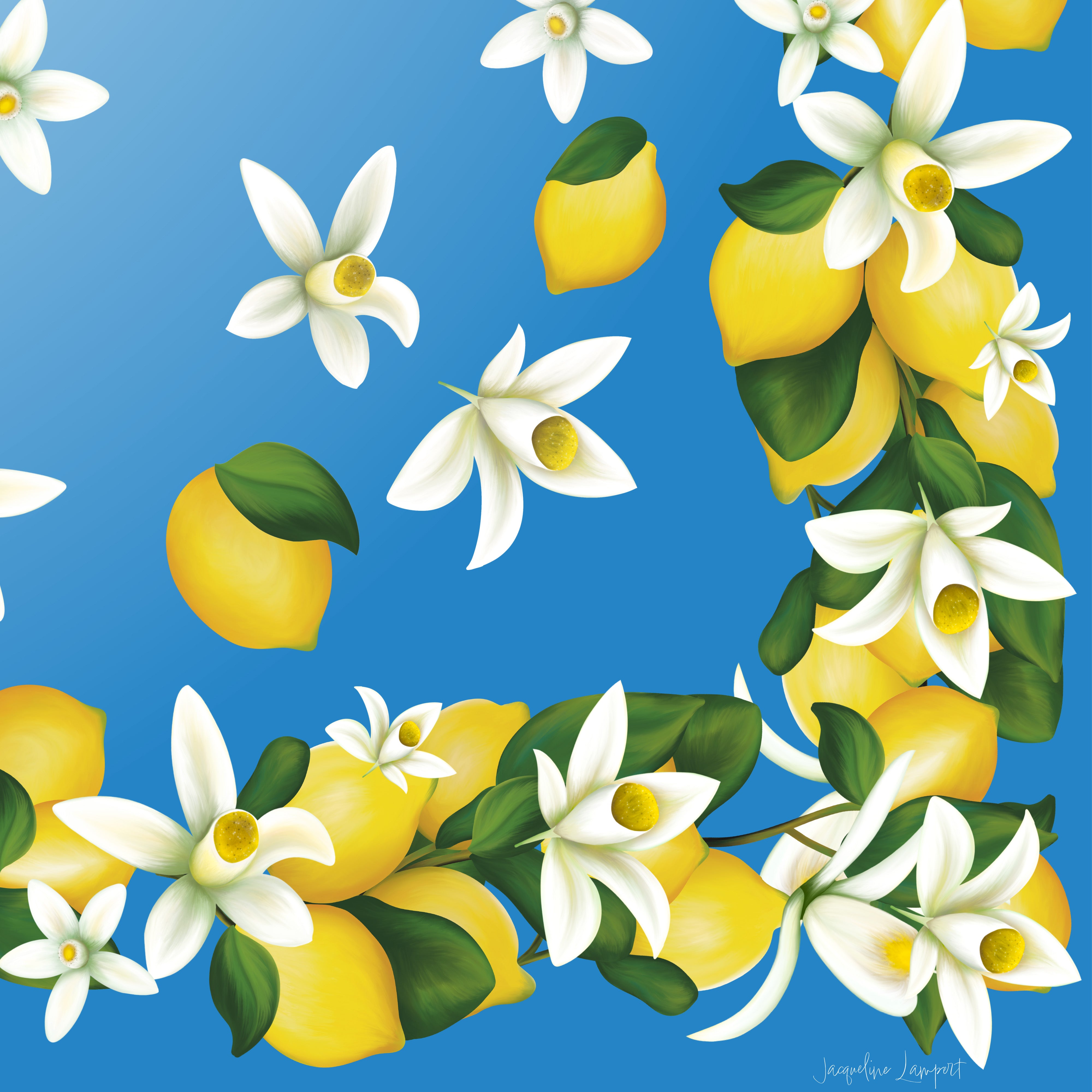 Capri Lemon Silk Scarf with Hand-Rolled Hem in Sky Blue