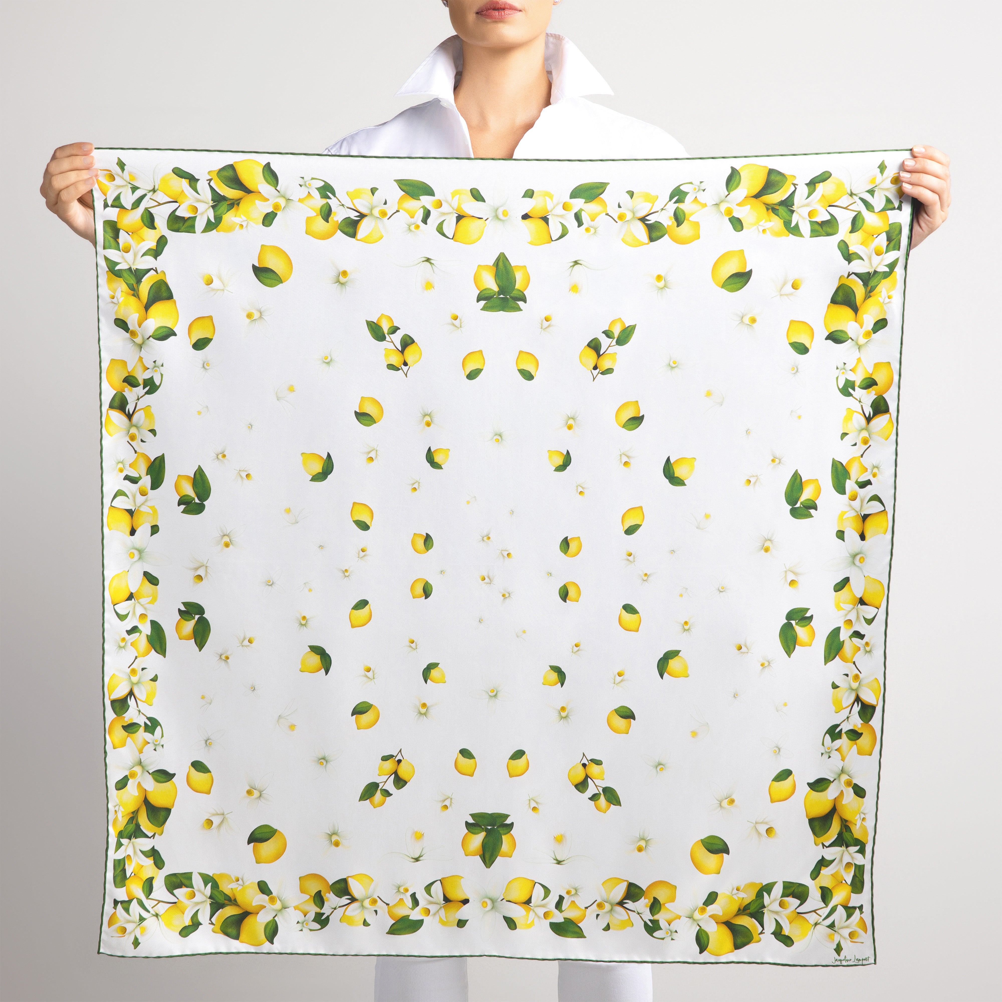 Capri Lemon Silk Scarf with Hand-Rolled Hem in White