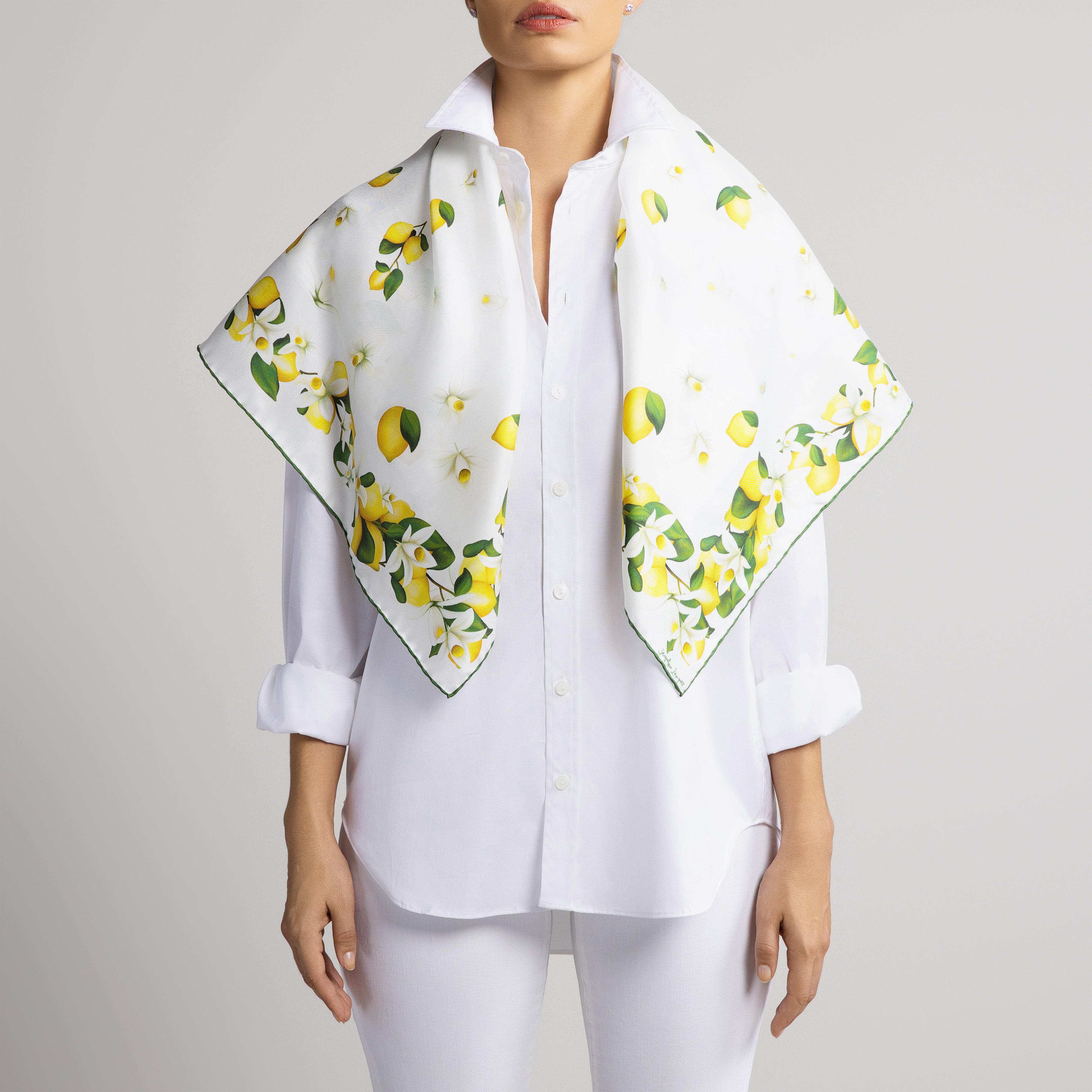 Capri Lemon Silk Scarf with Hand-Rolled Hem in White