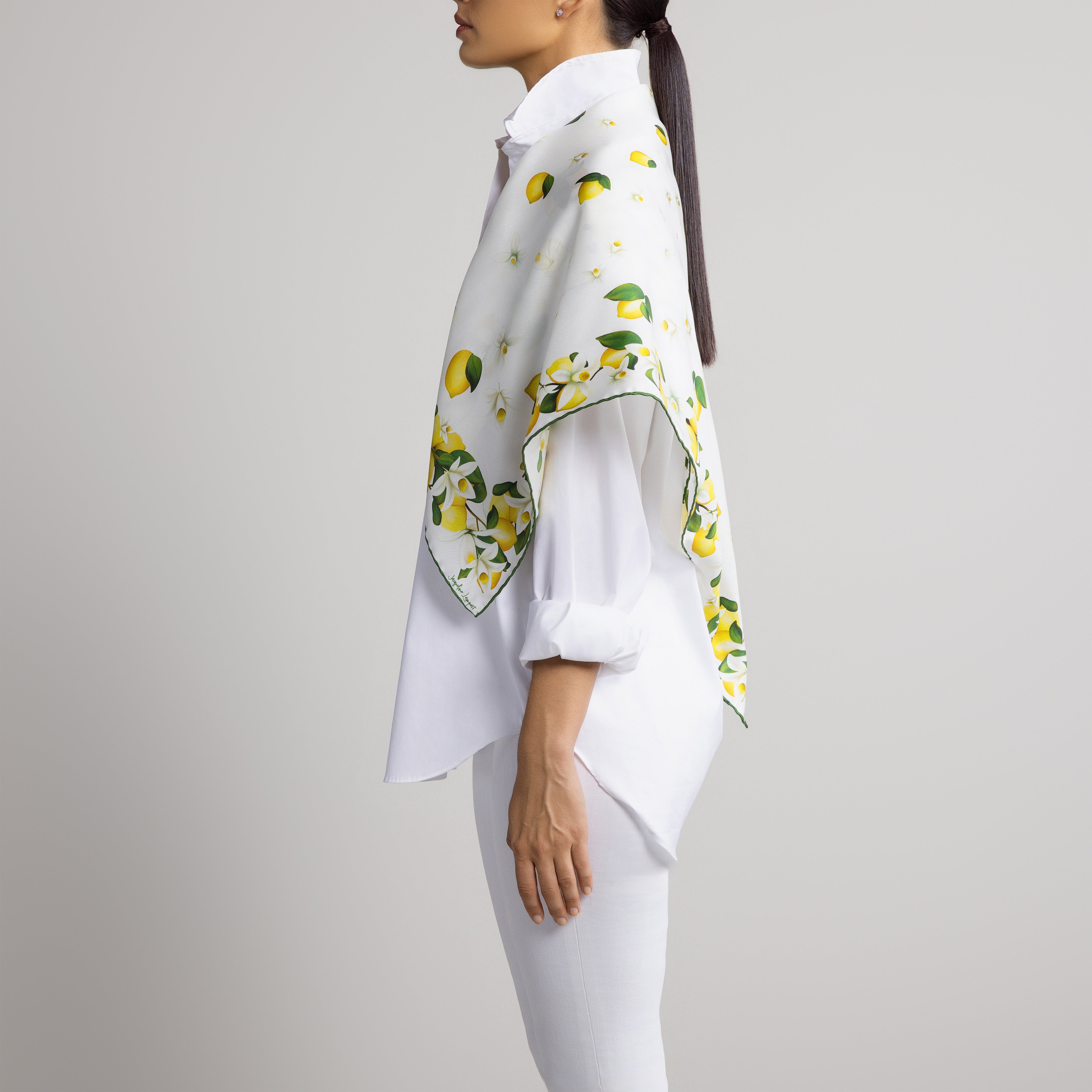 Capri Lemon Silk Scarf with Hand-Rolled Hem in White