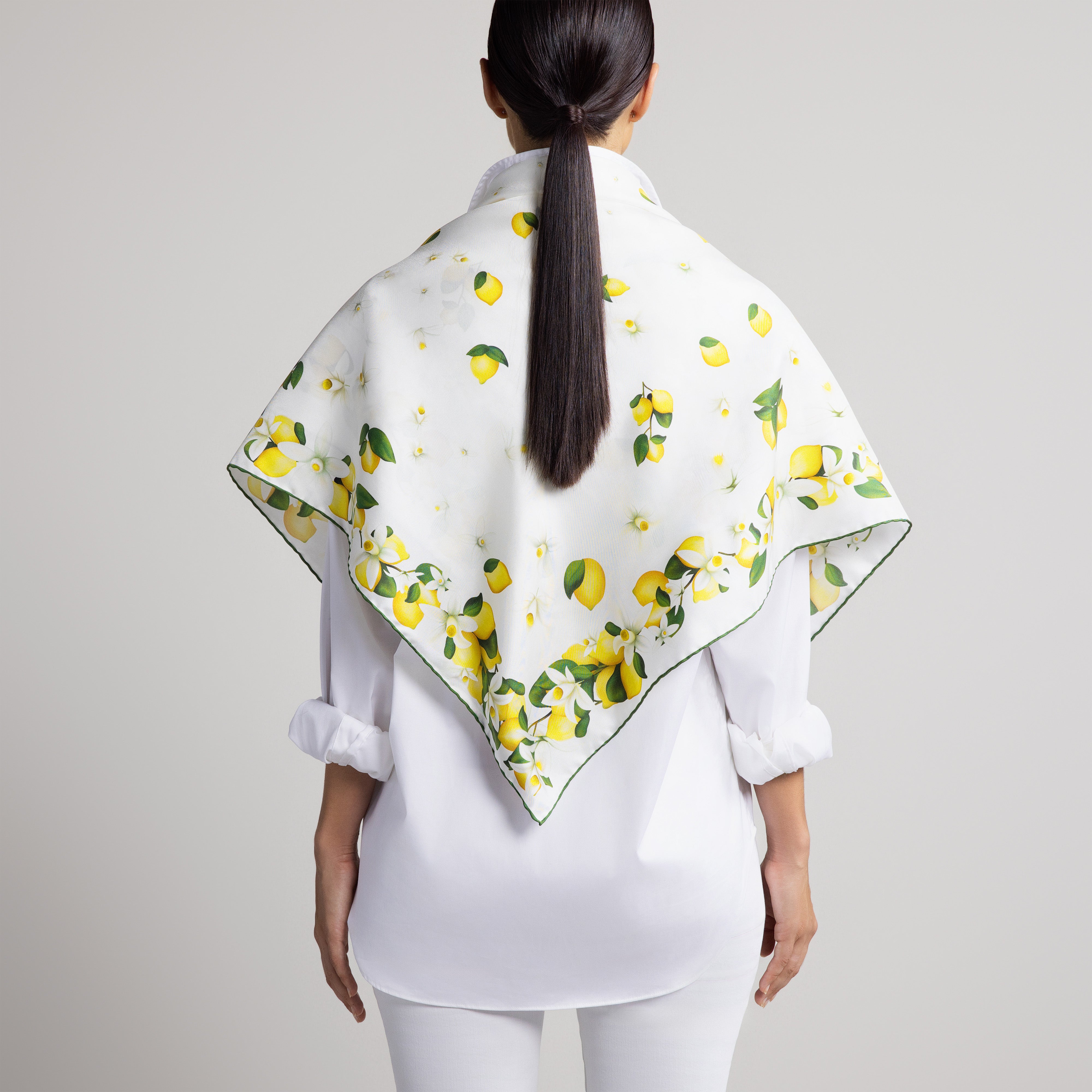 Capri Lemon Silk Scarf with Hand-Rolled Hem in White