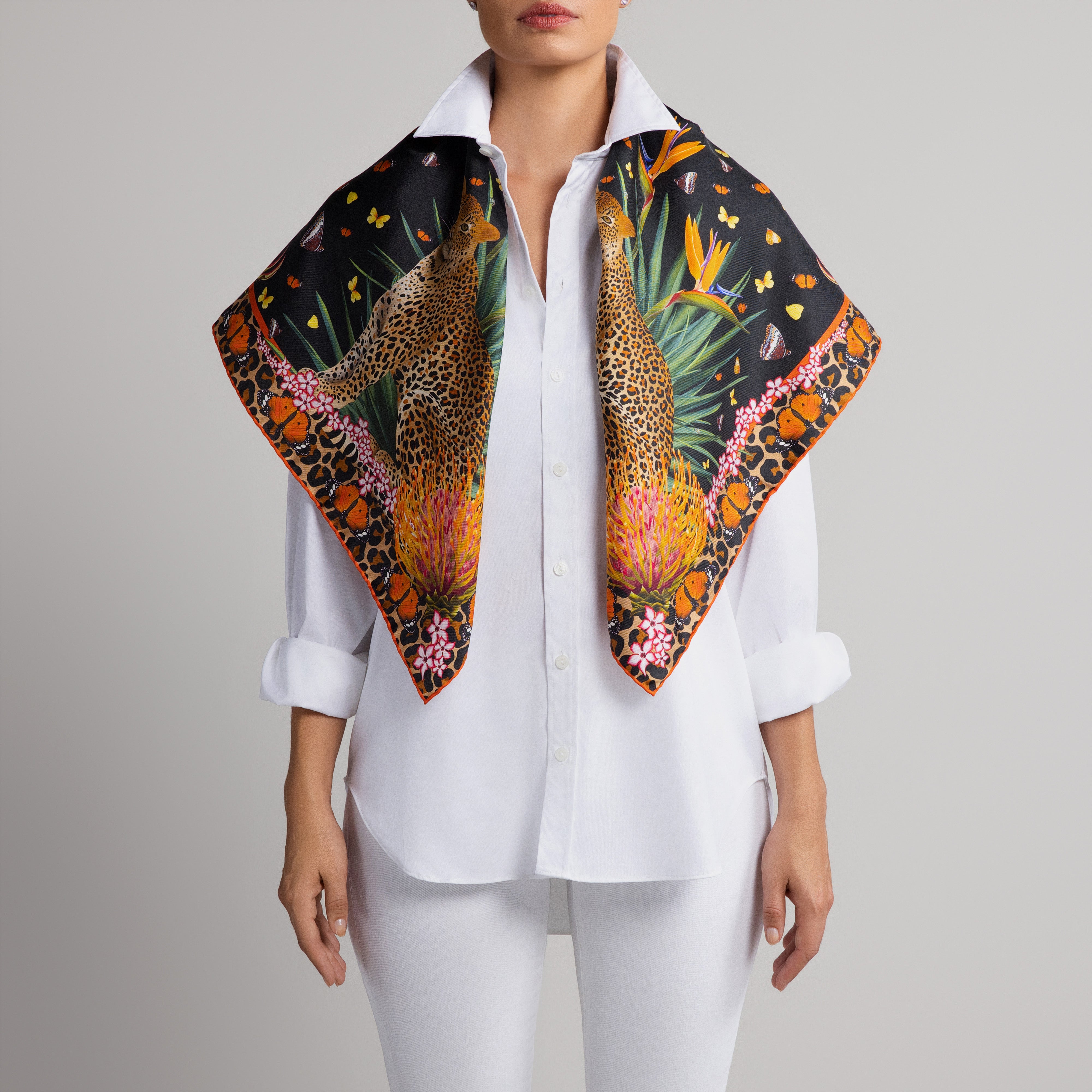 Leopard & Butterfly Silk Scarf in Black with Hand-Rolled Hem