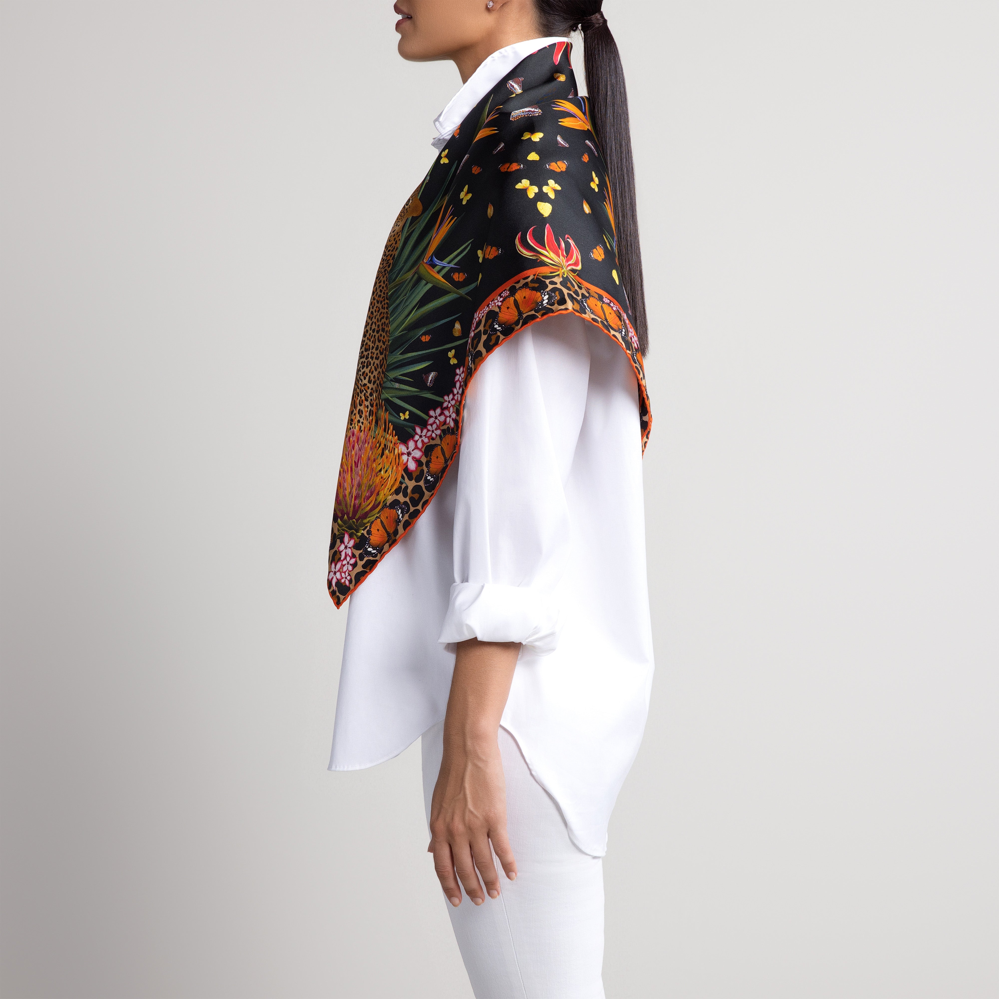 Leopard & Butterfly Silk Scarf in Black with Hand-Rolled Hem