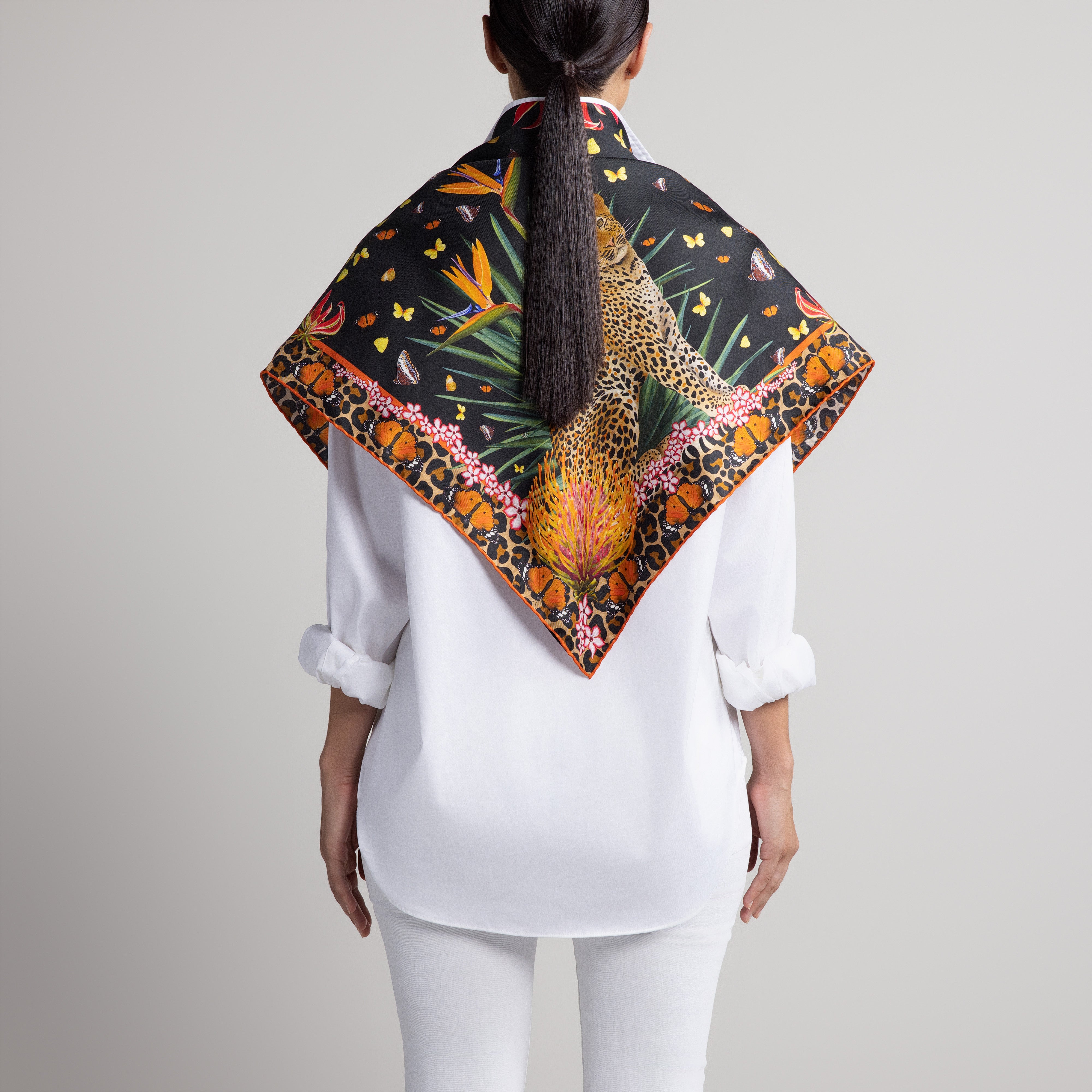 Leopard & Butterfly Silk Scarf in Black with Hand-Rolled Hem